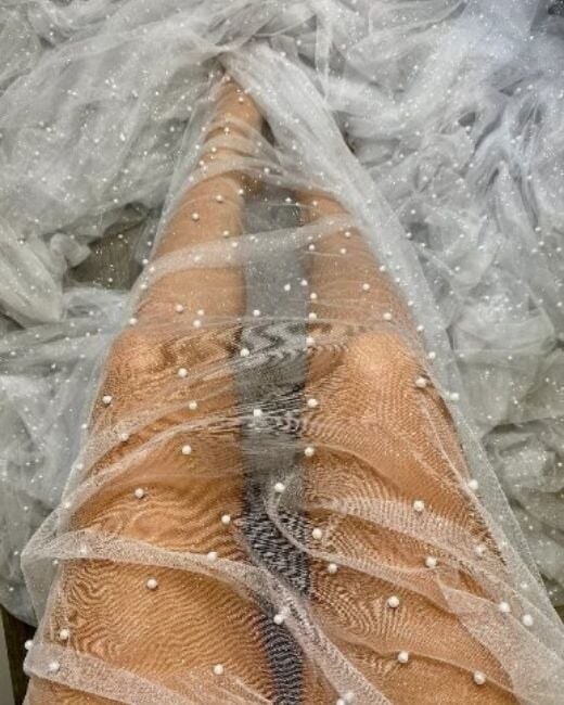 White Pearl Beaded Glittery Mesh/Tulle