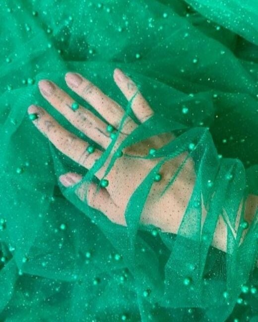 Kelly Green Pearl Beaded Glittery Mesh/Tulle
