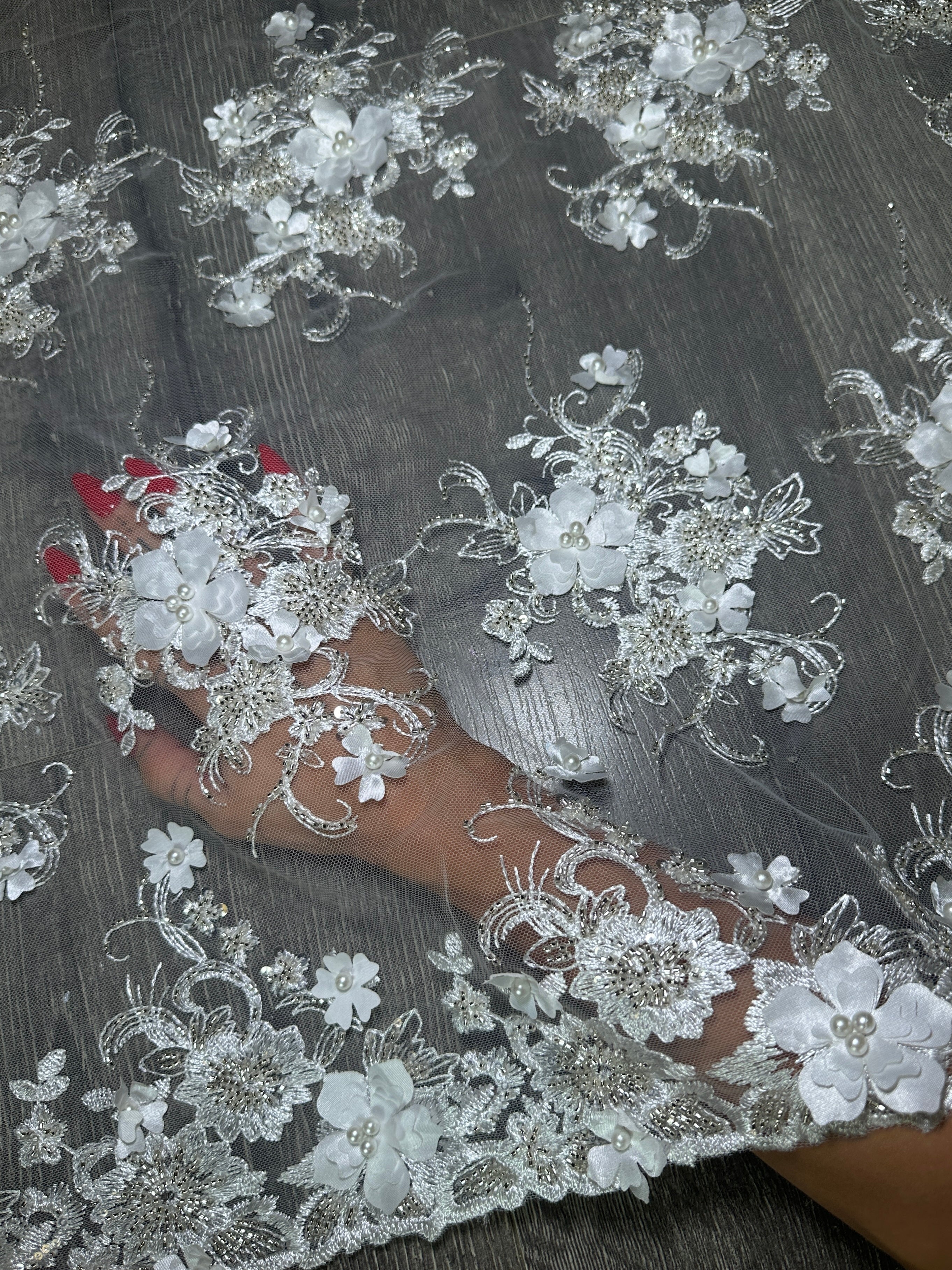 White 3D Floral Embroidered Beaded Tulle Lace, Embroidered Lace, Beaded Tulle Lace, Tulle for Wedding Dress, Pearl Material, Tulle Fabric, Tulle Lace Dress Woman