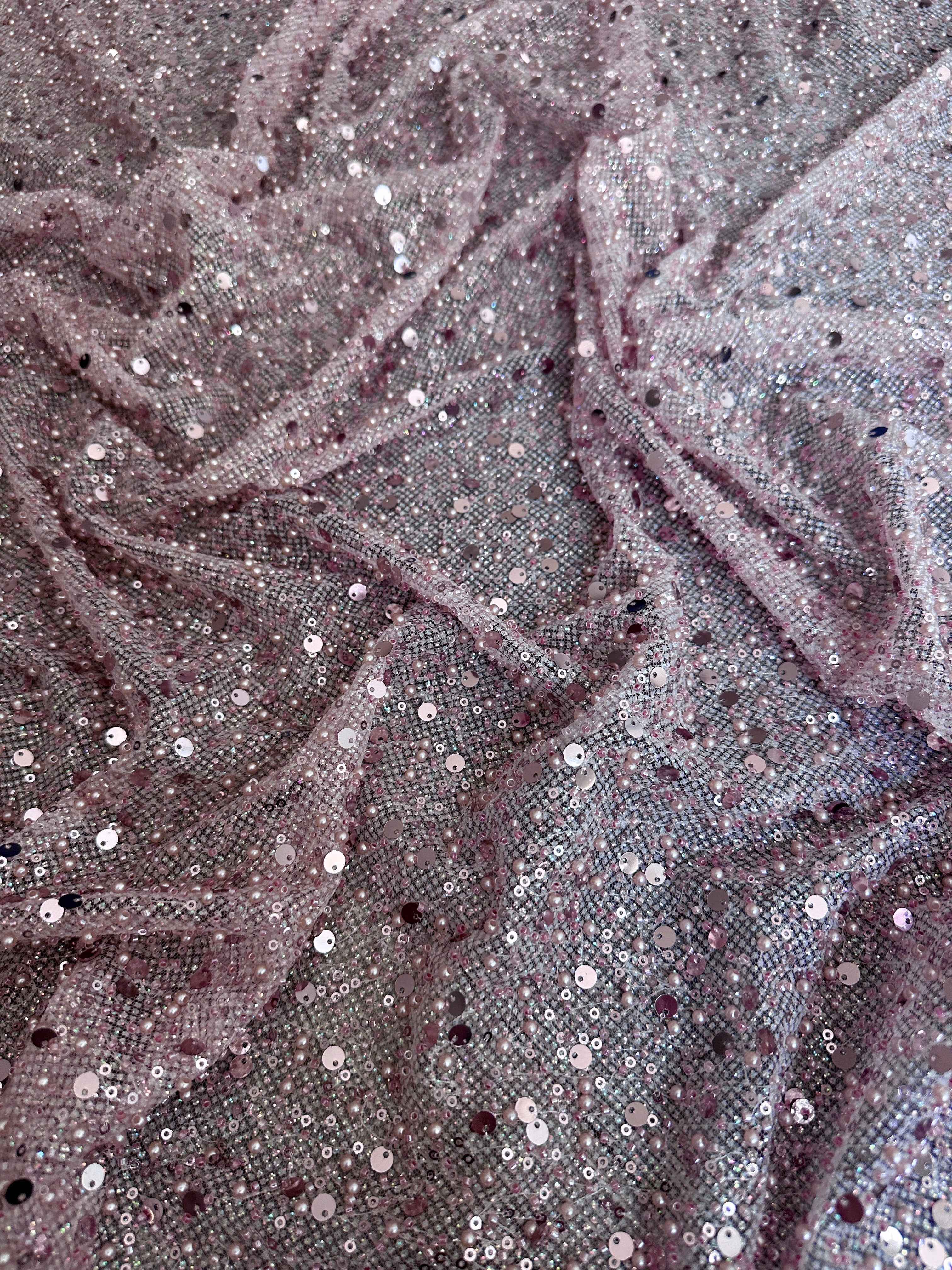 Mauve Sequin Pearl Beaded Mesh, Sequin on mesh, Pearl Beaded Mesh, beaded sequin on mesh, pearl beaded fabric, shimmering sequins