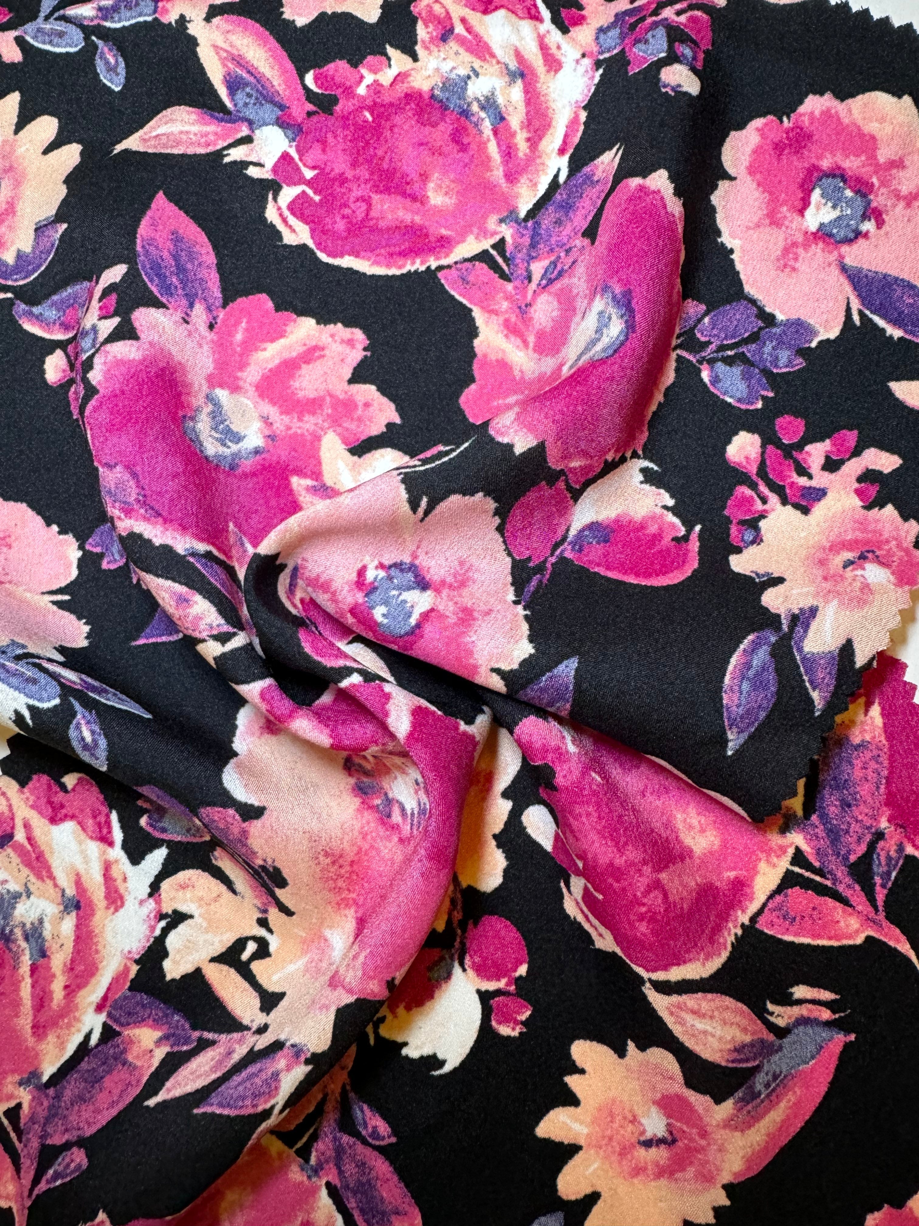 fuchsia black Floral Print Satin, floral print satin, printed satin, fuchsia print satin, black satin, pink satin