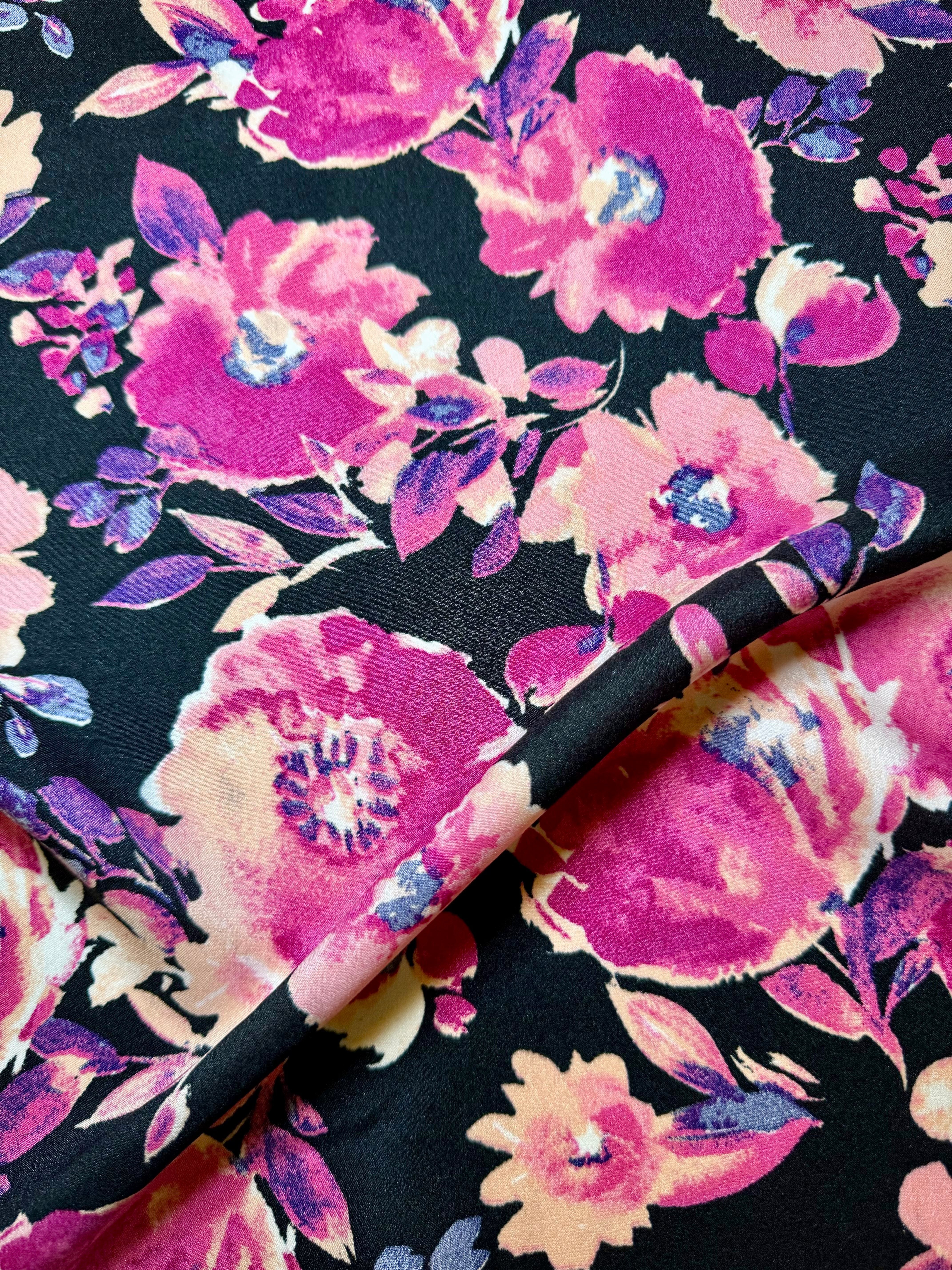 fuchsia black Floral Print Satin, floral print satin, printed satin, fuchsia print satin, black satin, pink satin