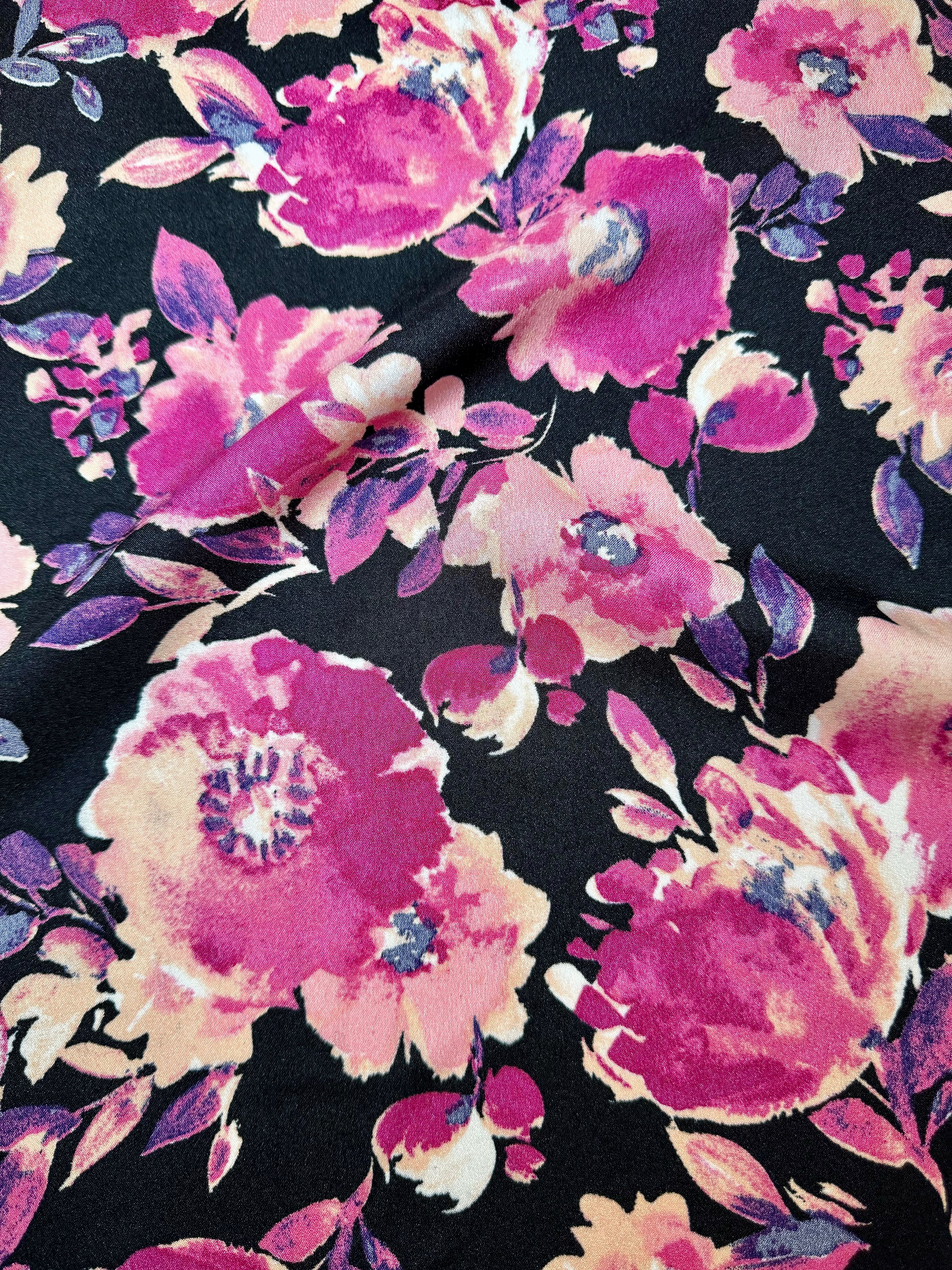 fuchsia black Floral Print Satin, floral print satin, printed satin, fuchsia print satin, black satin, pink satin