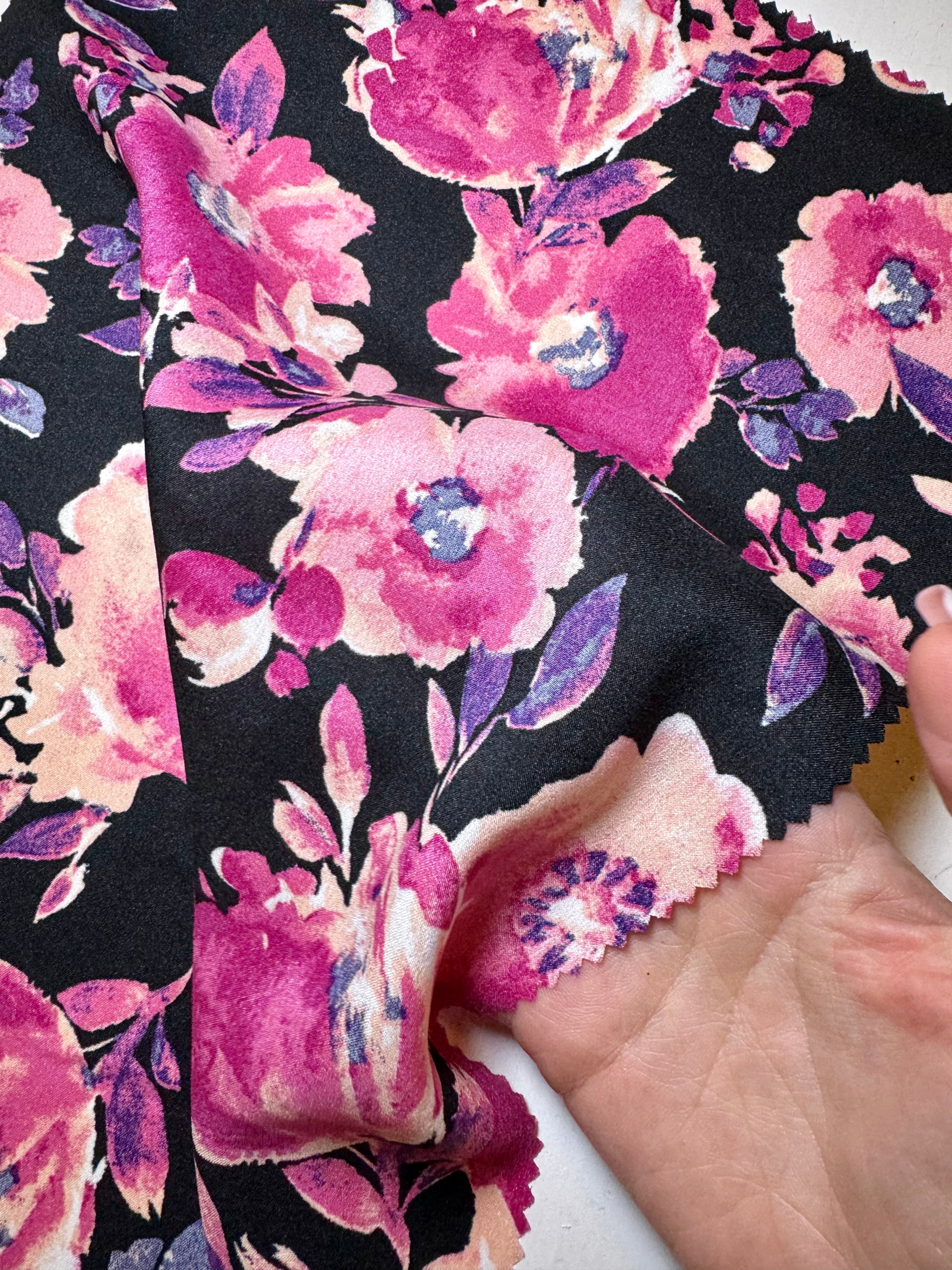 fuchsia black Floral Print Satin, floral print satin, printed satin, fuchsia print satin, black satin, pink satin