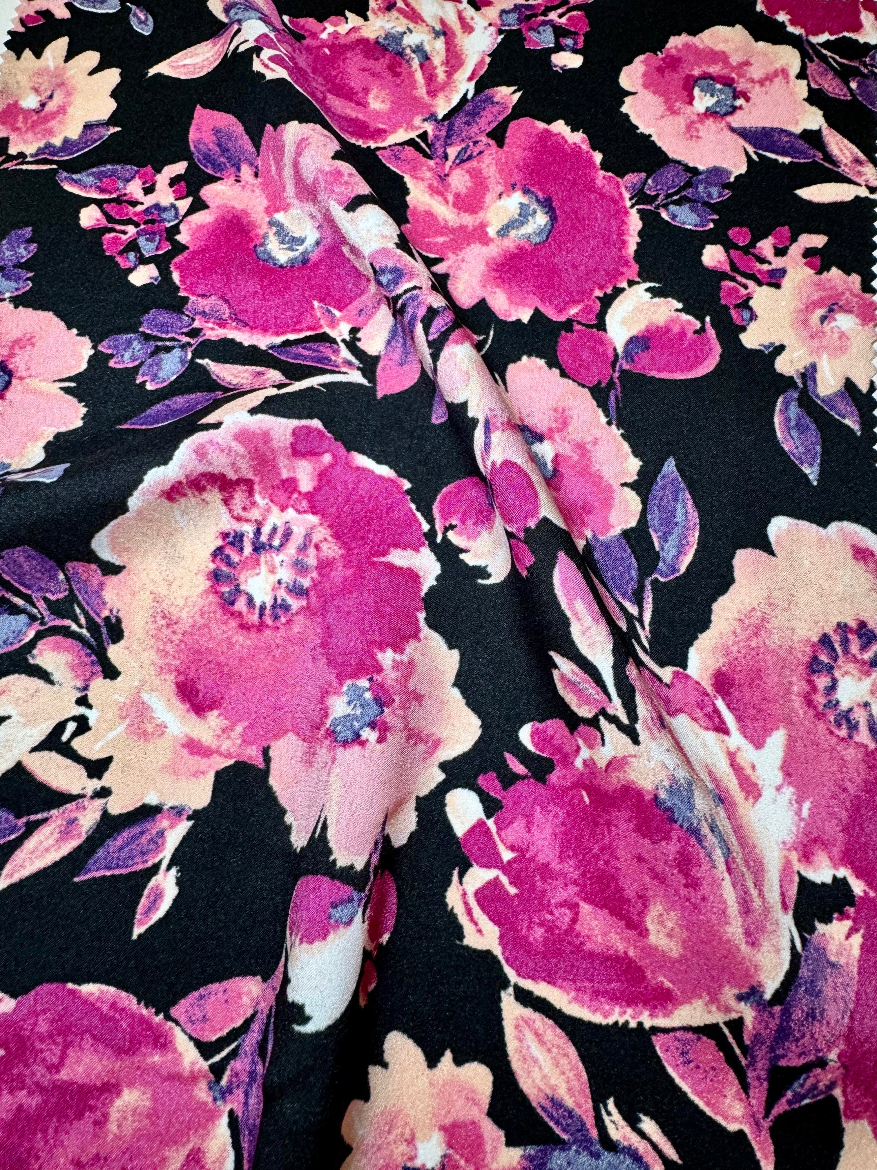 fuchsia black Floral Print Satin, floral print satin, printed satin, fuchsia print satin, black satin, pink satin