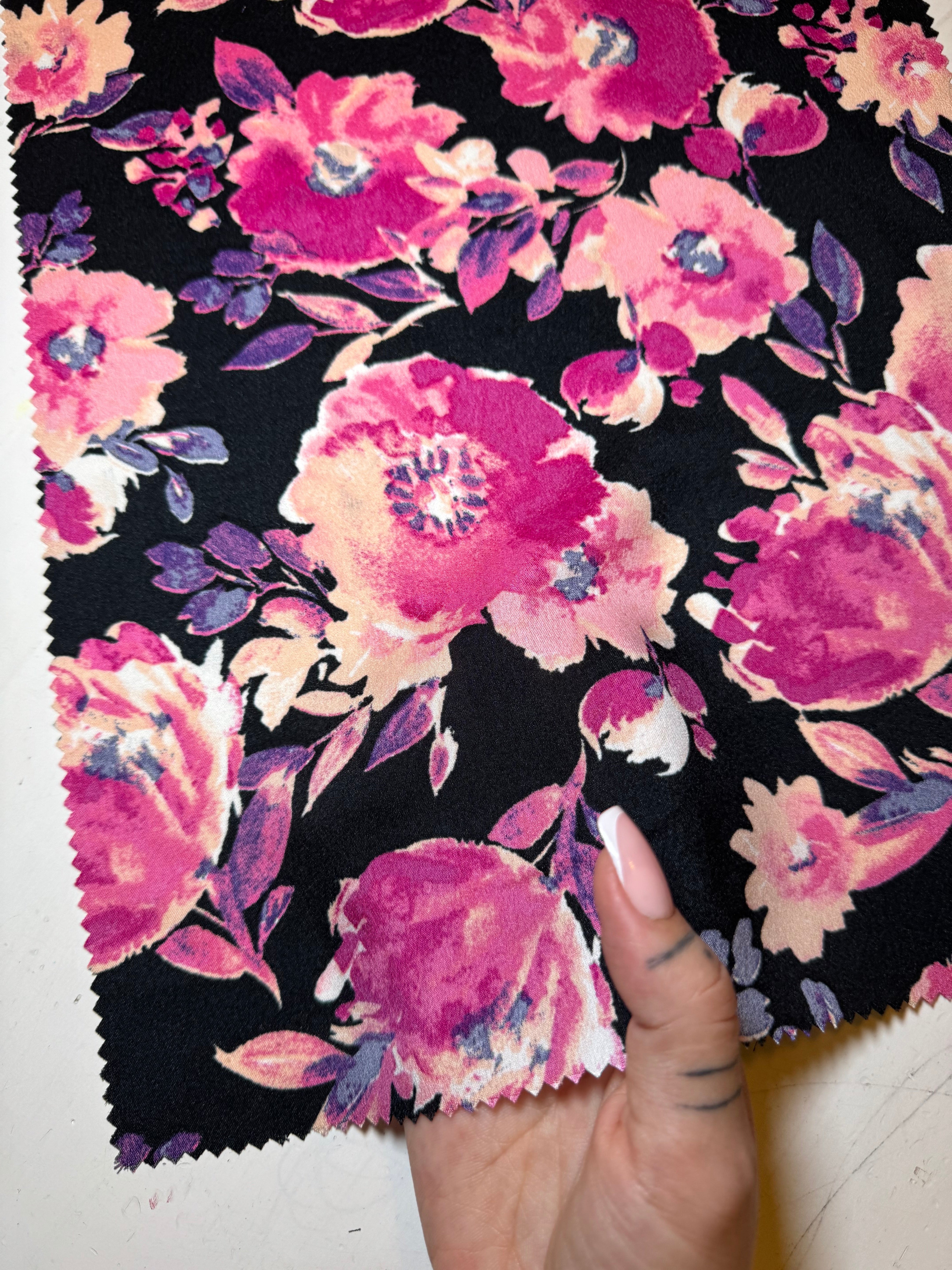 fuchsia black Floral Print Satin, floral print satin, printed satin, fuchsia print satin, black satin, pink satin