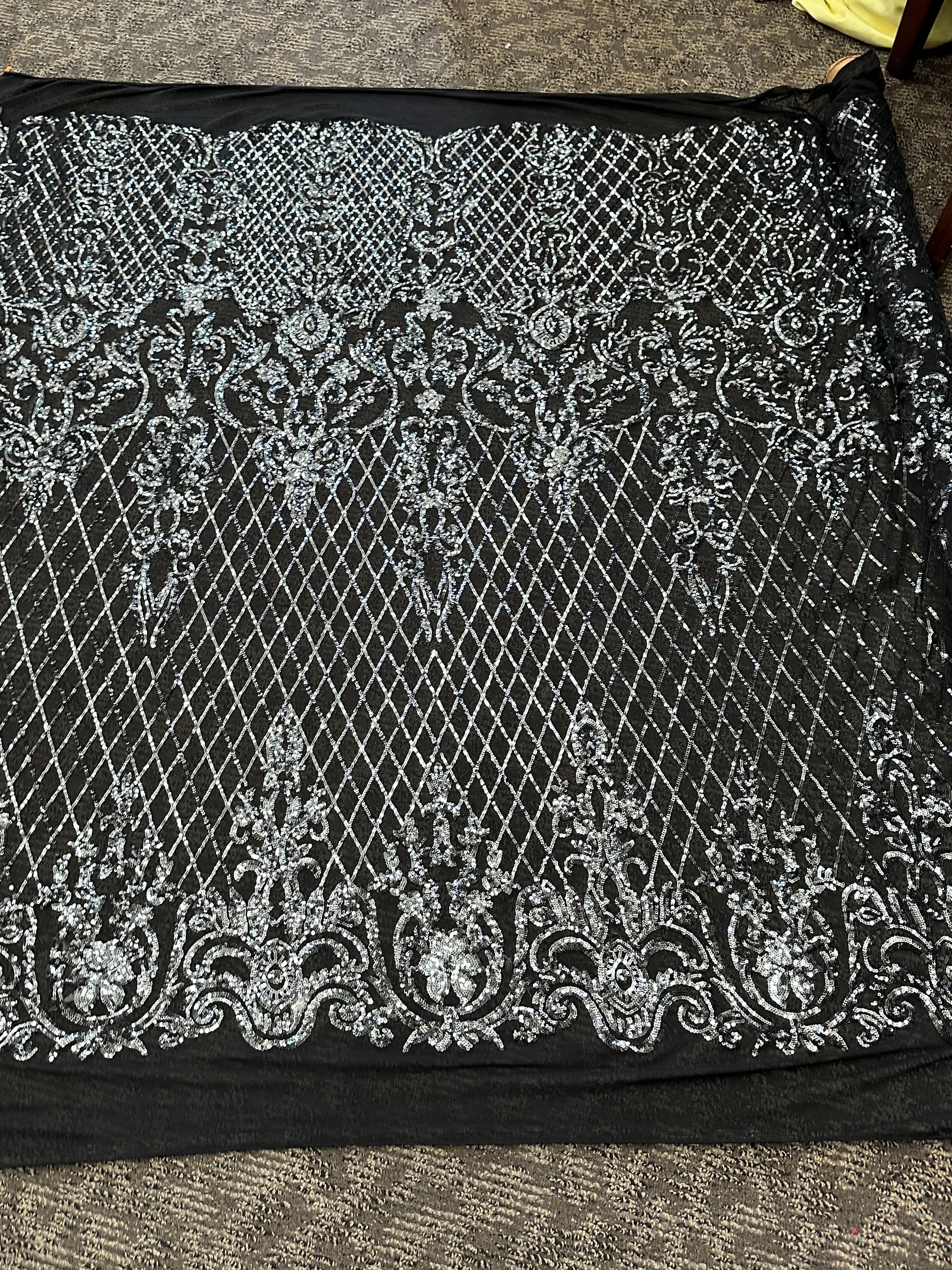 Silver Embroidered Sequin On Black Mesh, dark silver Embroidered Sequin On Black Mesh, light silver Embroidered Sequin On Black Mesh, Embroidered Sequin On Black Mesh for woman, Embroidered Sequin On Black Mesh for bride, Embroidered Sequin On Black Mesh in low price, Embroidered Sequin On Black Mesh on sale, premium Embroidered Sequin On Black Mesh