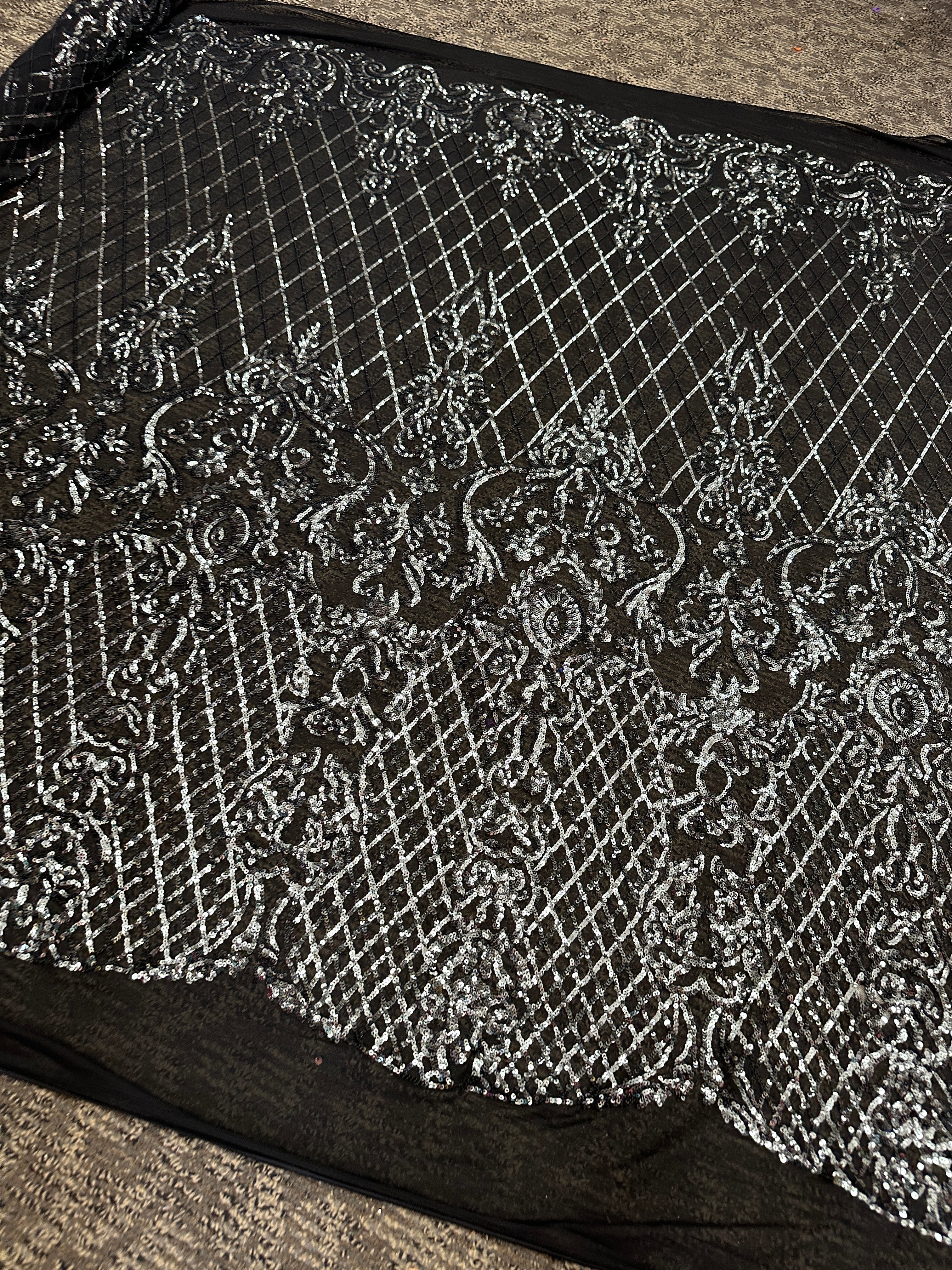 Silver Embroidered Sequin On Black Mesh, dark silver Embroidered Sequin On Black Mesh, light silver Embroidered Sequin On Black Mesh, Embroidered Sequin On Black Mesh for woman, Embroidered Sequin On Black Mesh for bride, Embroidered Sequin On Black Mesh in low price, Embroidered Sequin On Black Mesh on sale, premium Embroidered Sequin On Black Mesh