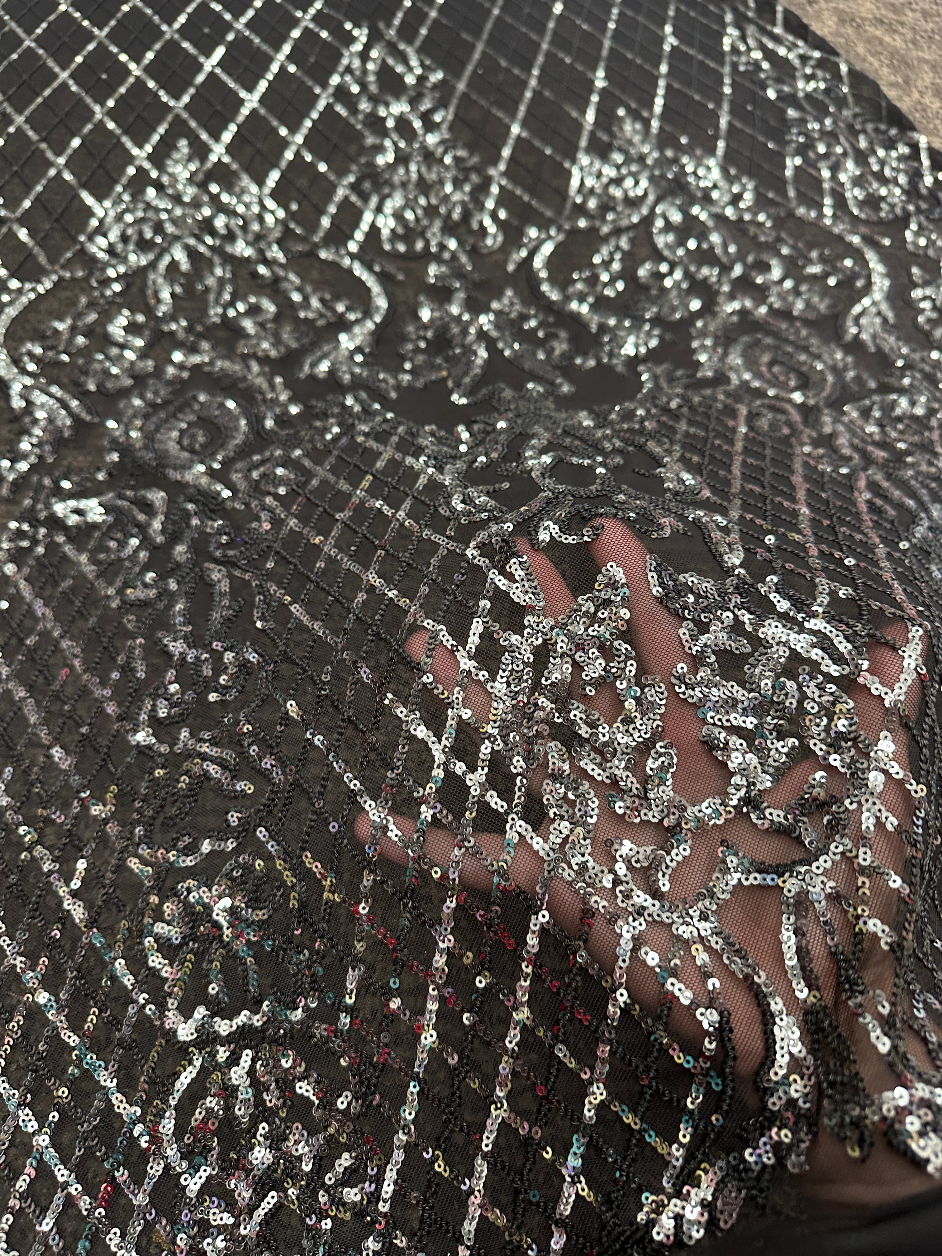 Silver Embroidered Sequin On Black Mesh, dark silver Embroidered Sequin On Black Mesh, light silver Embroidered Sequin On Black Mesh, Embroidered Sequin On Black Mesh for woman, Embroidered Sequin On Black Mesh for bride, Embroidered Sequin On Black Mesh in low price, Embroidered Sequin On Black Mesh on sale, premium Embroidered Sequin On Black Mesh