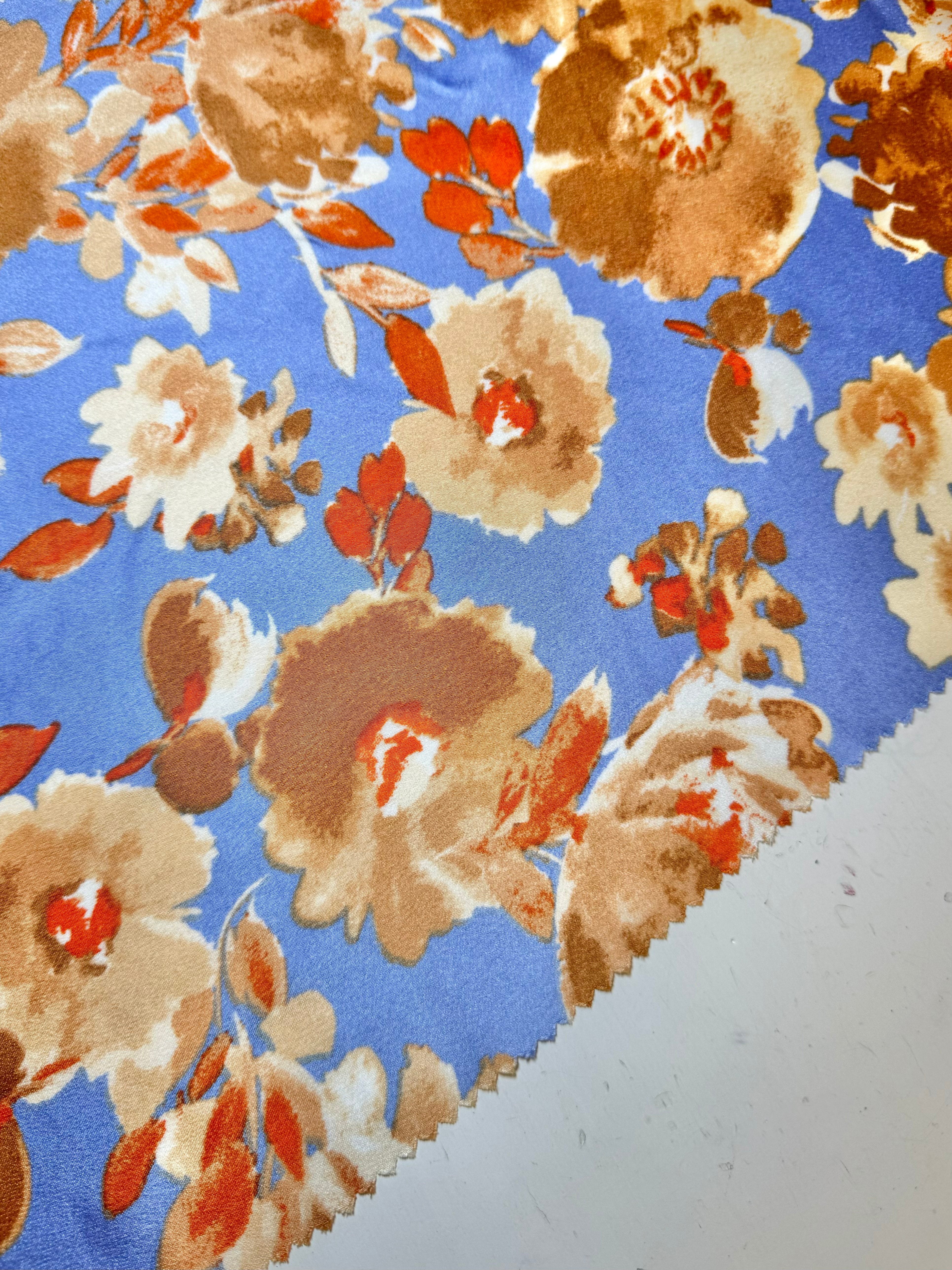 Gold/Baby Blue Floral Print Satin, floral print satin, printed satin, baby blue print satin, gold satin, blue satin