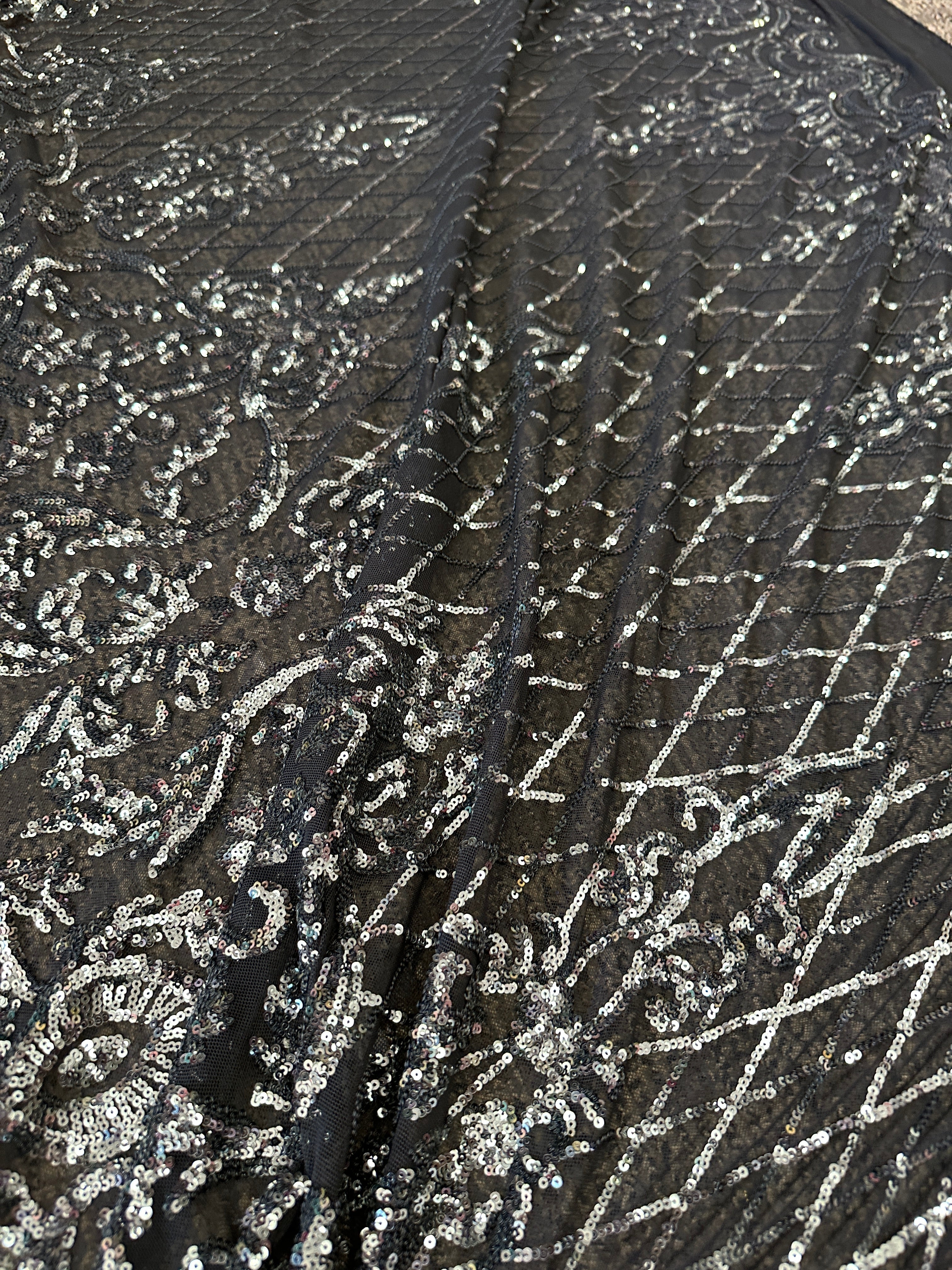 Silver Embroidered Sequin On Black Mesh, dark silver Embroidered Sequin On Black Mesh, light silver Embroidered Sequin On Black Mesh, Embroidered Sequin On Black Mesh for woman, Embroidered Sequin On Black Mesh for bride, Embroidered Sequin On Black Mesh in low price, Embroidered Sequin On Black Mesh on sale, premium Embroidered Sequin On Black Mesh