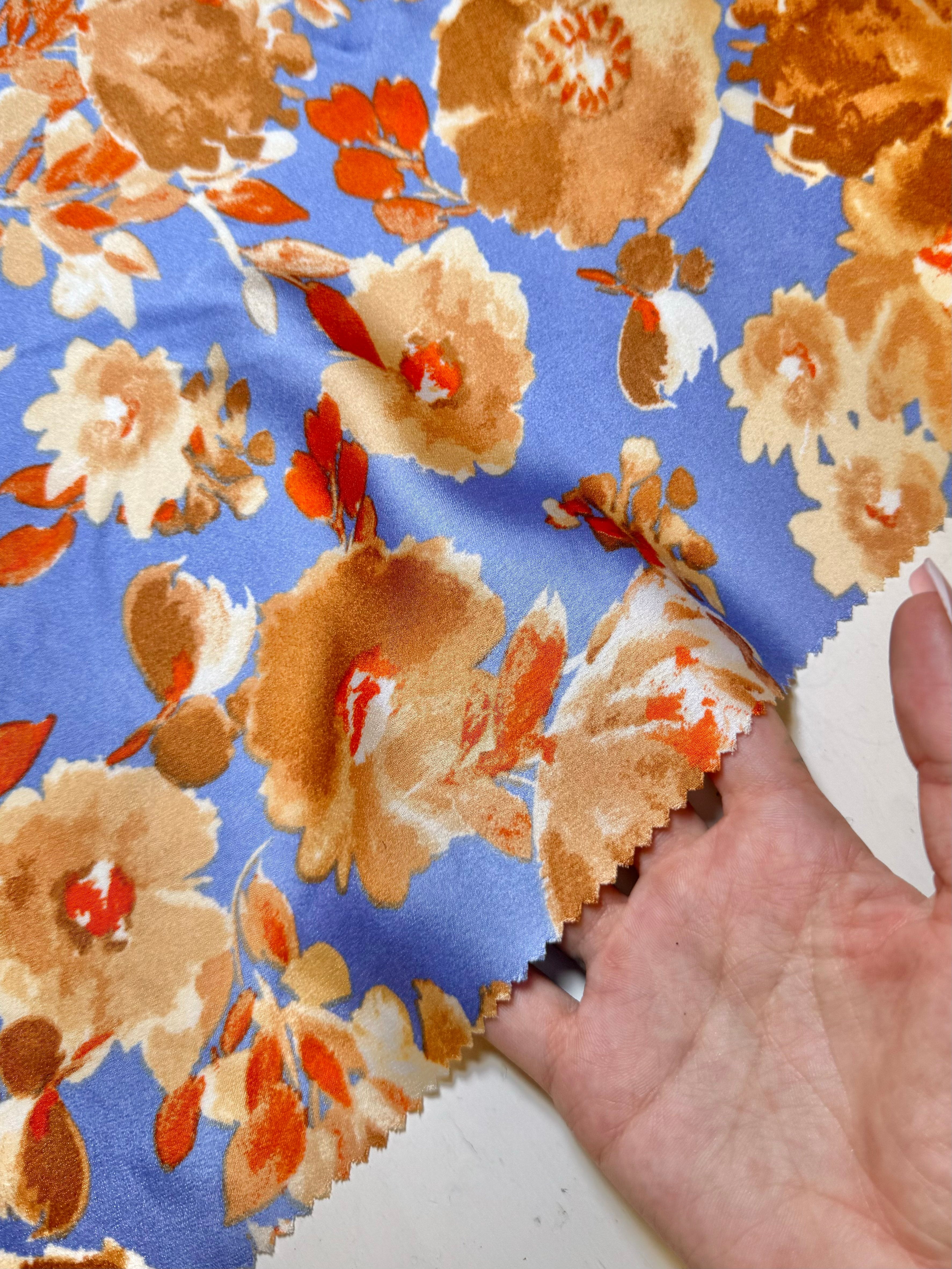 Gold/Baby Blue Floral Print Satin, floral print satin, printed satin, baby blue print satin, gold satin, blue satin