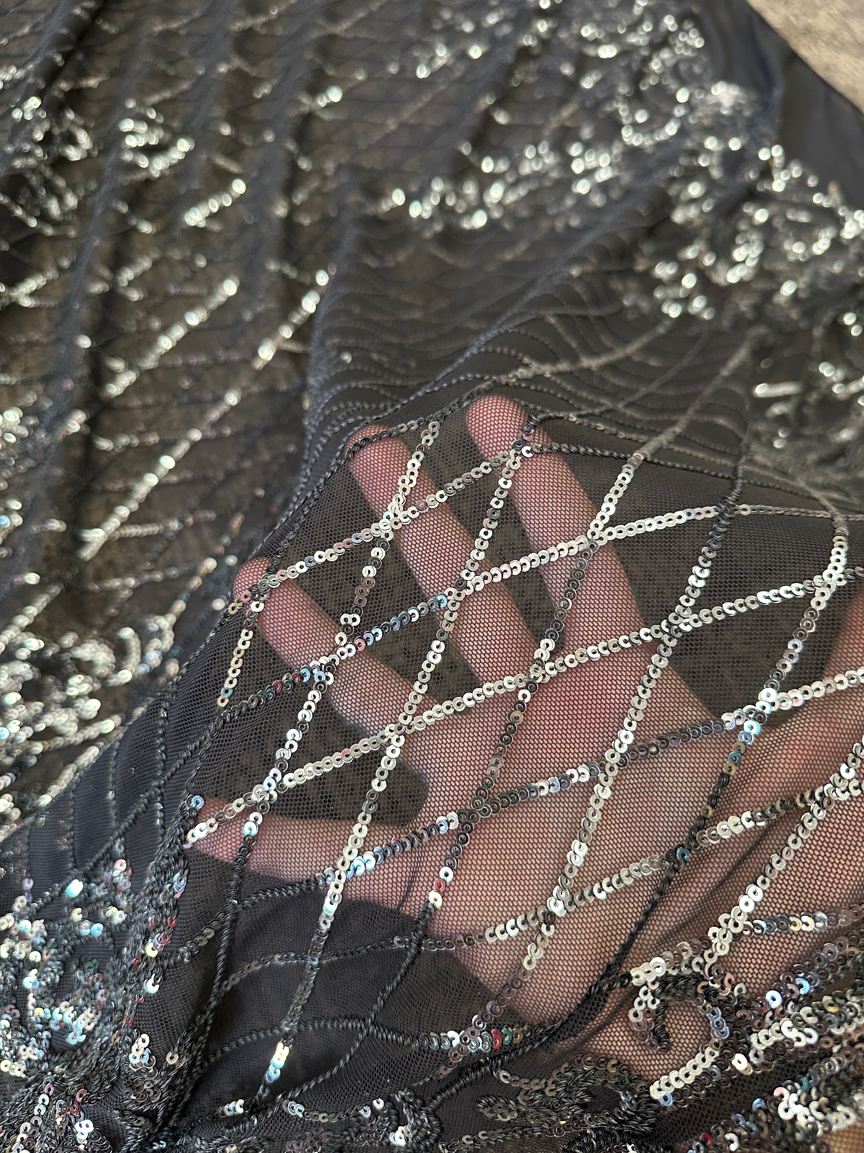 Silver Embroidered Sequin On Black Mesh, dark silver Embroidered Sequin On Black Mesh, light silver Embroidered Sequin On Black Mesh, Embroidered Sequin On Black Mesh for woman, Embroidered Sequin On Black Mesh for bride, Embroidered Sequin On Black Mesh in low price, Embroidered Sequin On Black Mesh on sale, premium Embroidered Sequin On Black Mesh