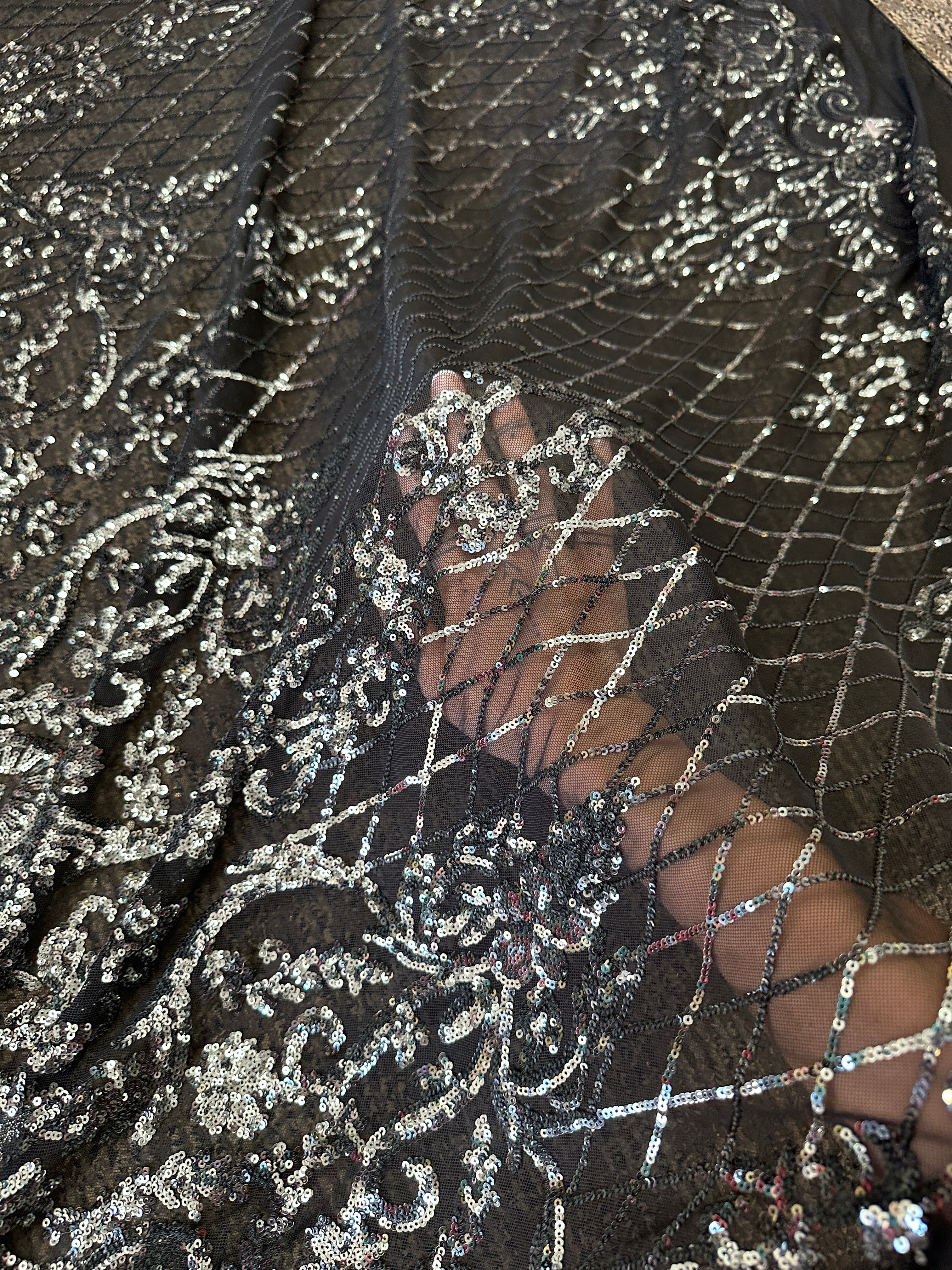 Silver Embroidered Sequin On Black Mesh, dark silver Embroidered Sequin On Black Mesh, light silver Embroidered Sequin On Black Mesh, Embroidered Sequin On Black Mesh for woman, Embroidered Sequin On Black Mesh for bride, Embroidered Sequin On Black Mesh in low price, Embroidered Sequin On Black Mesh on sale, premium Embroidered Sequin On Black Mesh