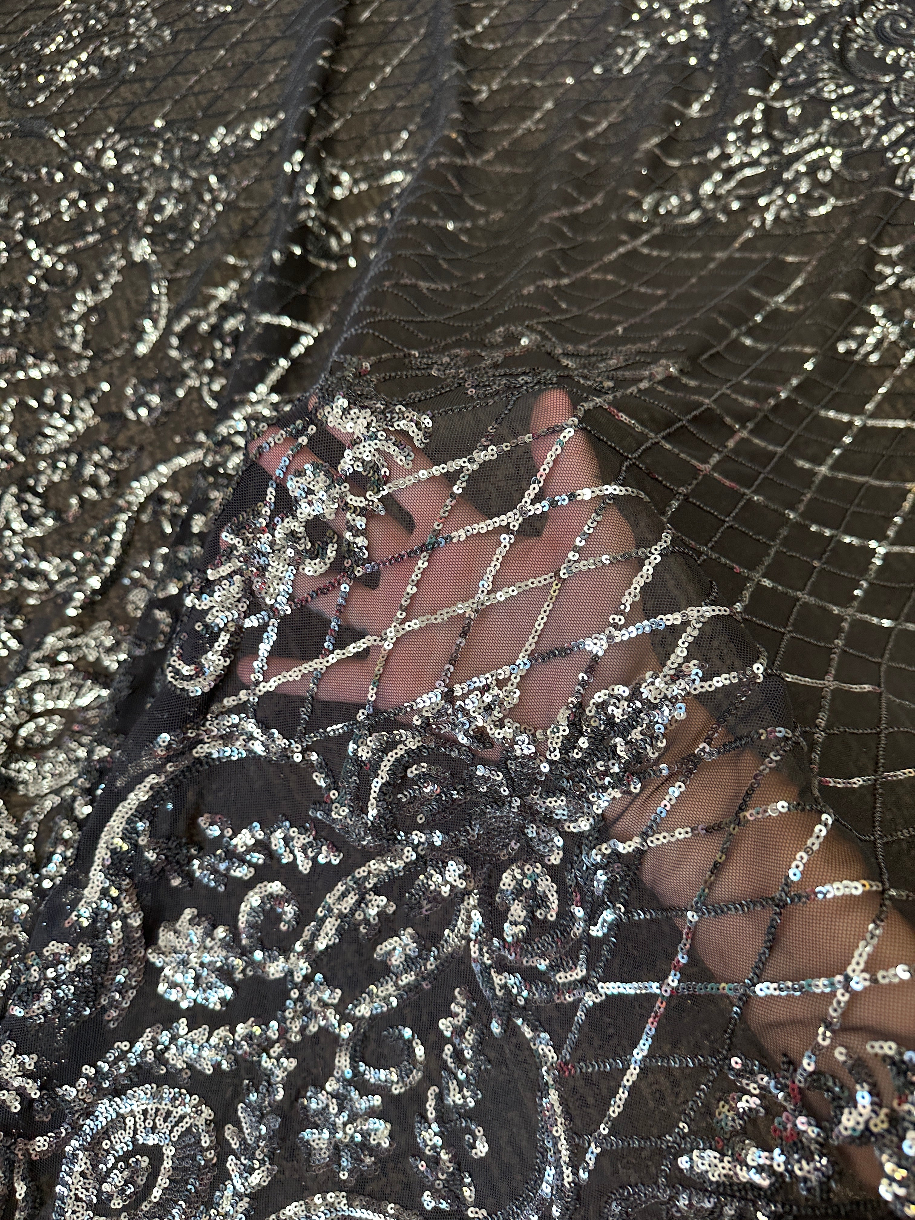 Silver Embroidered Sequin On Black Mesh, dark silver Embroidered Sequin On Black Mesh, light silver Embroidered Sequin On Black Mesh, Embroidered Sequin On Black Mesh for woman, Embroidered Sequin On Black Mesh for bride, Embroidered Sequin On Black Mesh in low price, Embroidered Sequin On Black Mesh on sale, premium Embroidered Sequin On Black Mesh
