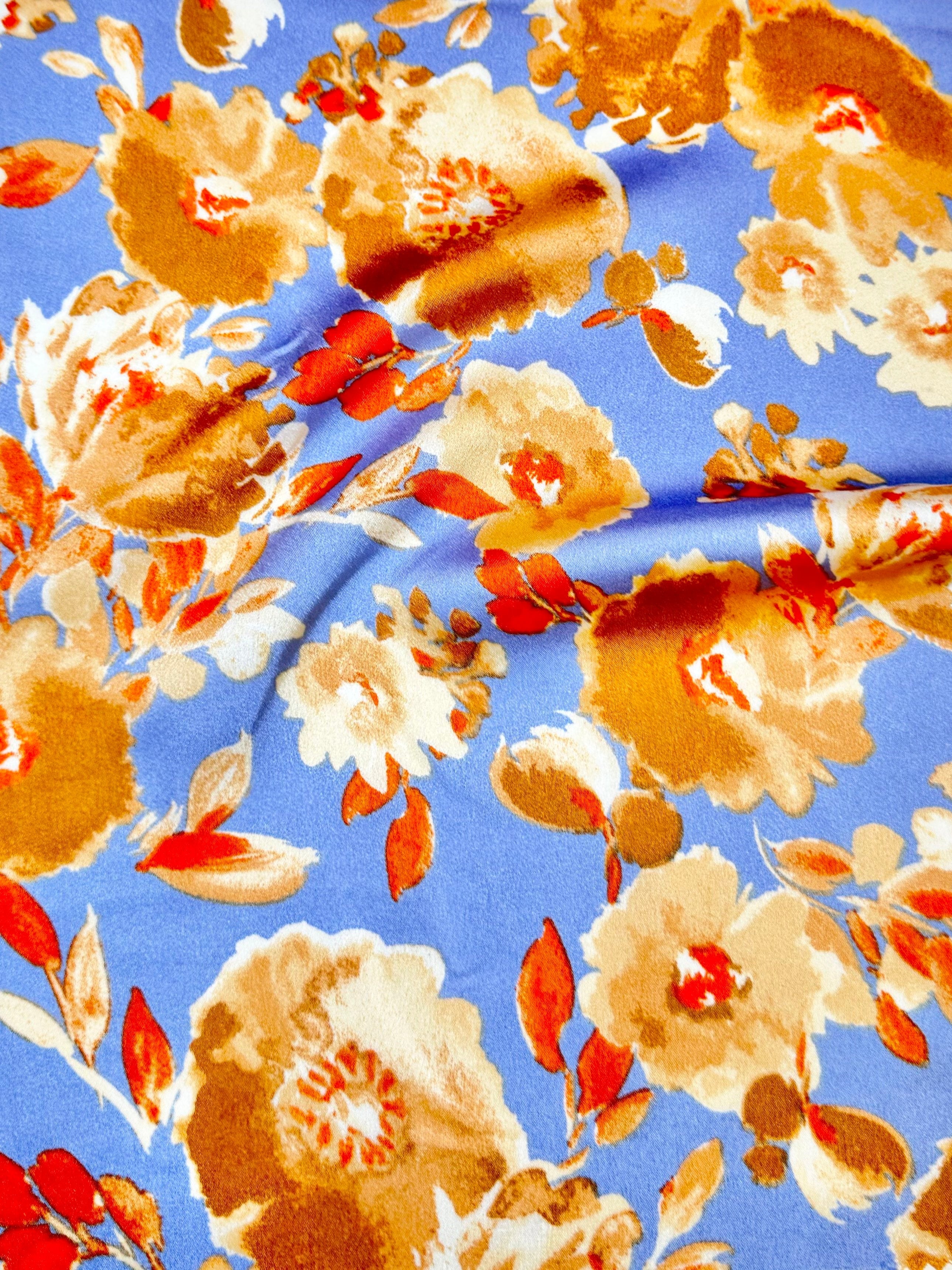 Gold/Baby Blue Floral Print Satin, floral print satin, printed satin, baby blue print satin, gold satin, blue satin