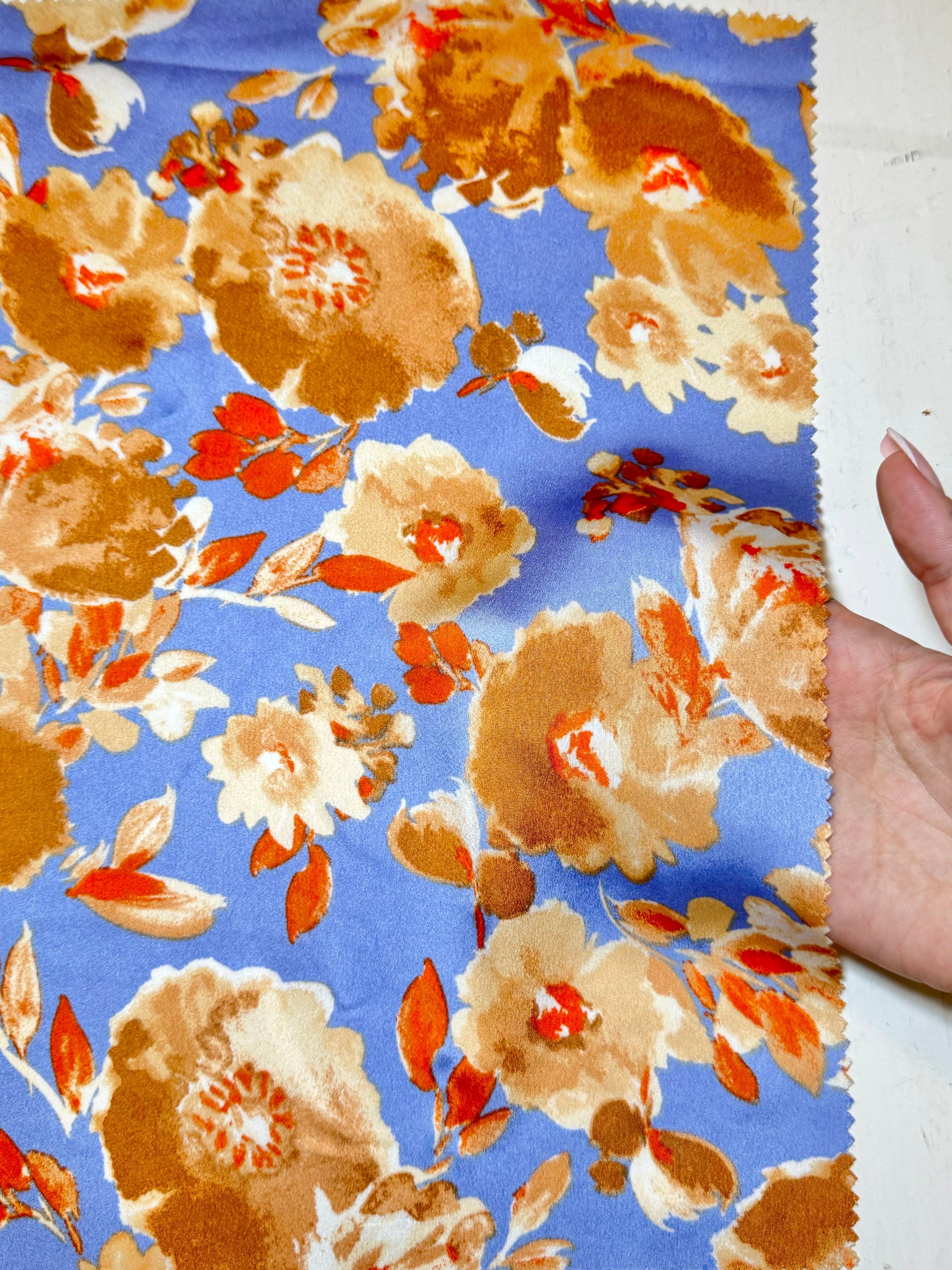 Gold/Baby Blue Floral Print Satin, floral print satin, printed satin, baby blue print satin, gold satin, blue satin