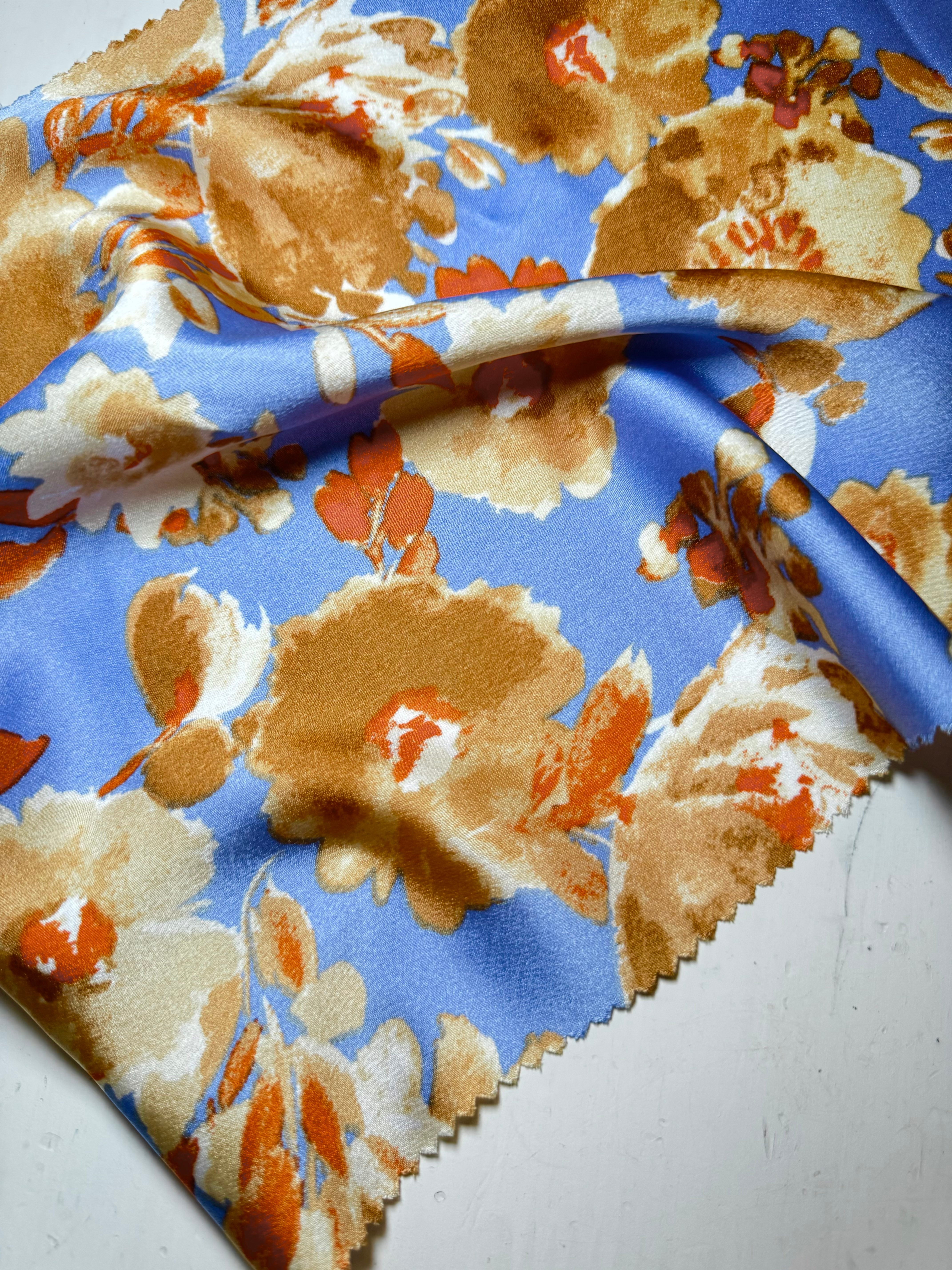Gold/Baby Blue Floral Print Satin, floral print satin, printed satin, baby blue print satin, gold satin, blue satin