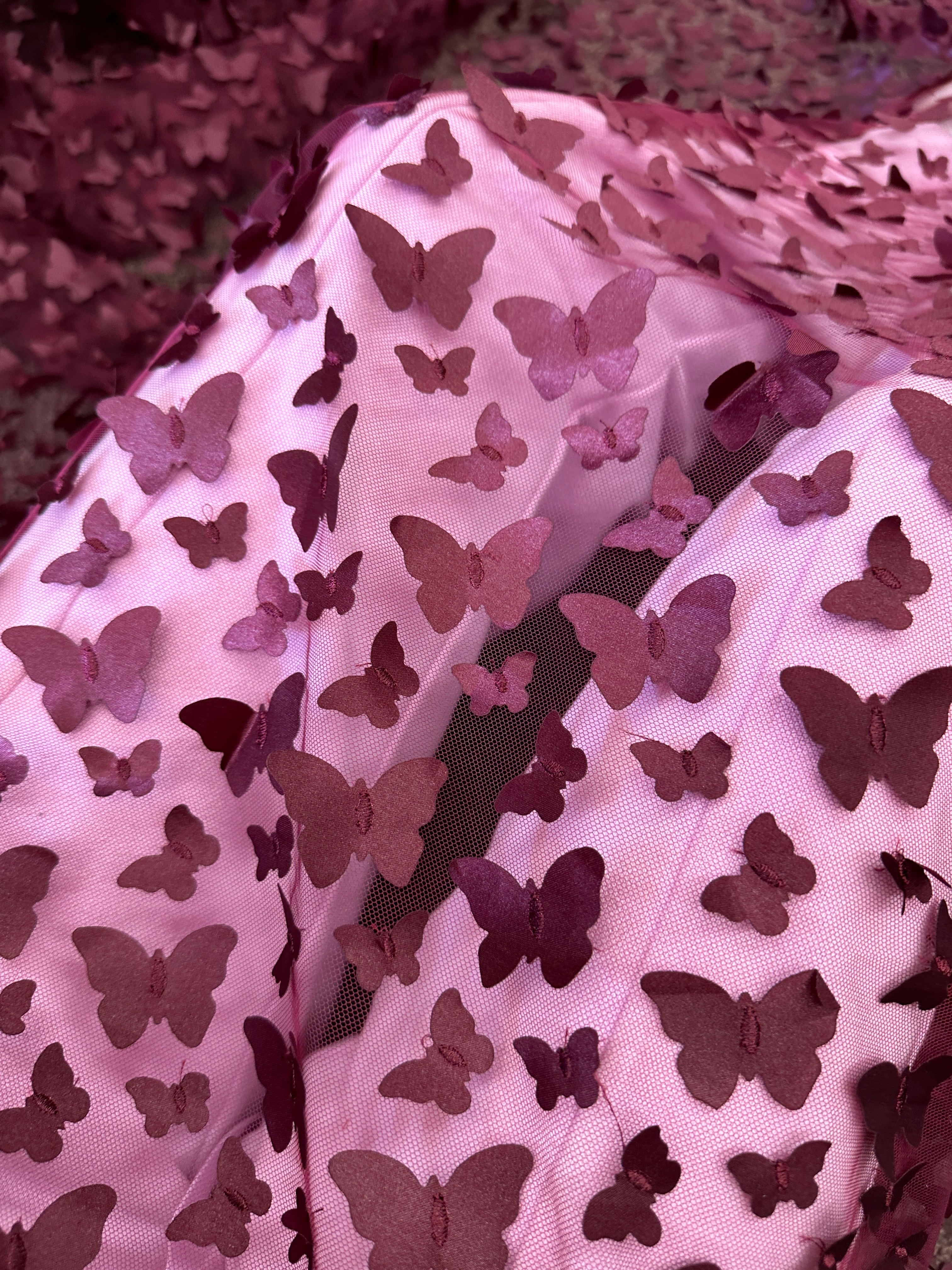 burgundy 3D Butterfly Lace, maroon Butterfly Tulle By The Yard, light red Tulle Lace Fabric, Dress Fabric, Bridal Lace Fabric, premium lace fabric, lace fabric on discount, lace fabric in low price, buy lace fabric online, lace fabric on sale