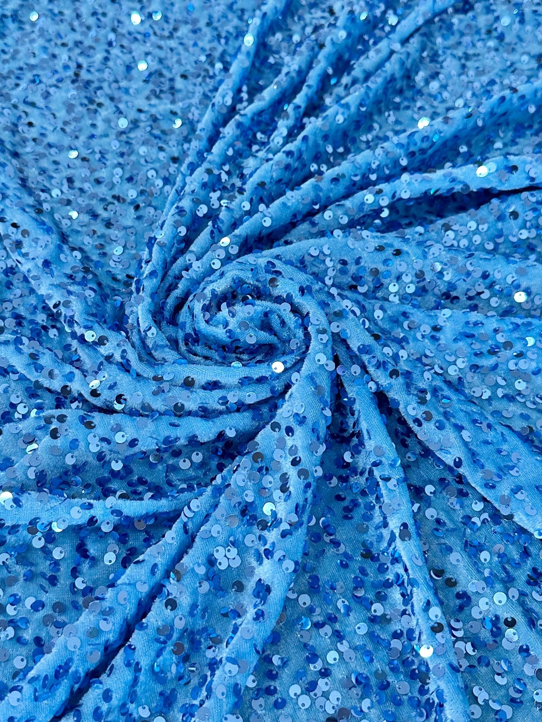 baby blue sequin on Velvet, velvet cloth, blue velvet, sequin stretch velvet, velvet for gown, stretch velvet, velvet fabric with sequin, solid velvet, light blue sequin fabric, sequin fabric for gown, 4 way stretch velvet