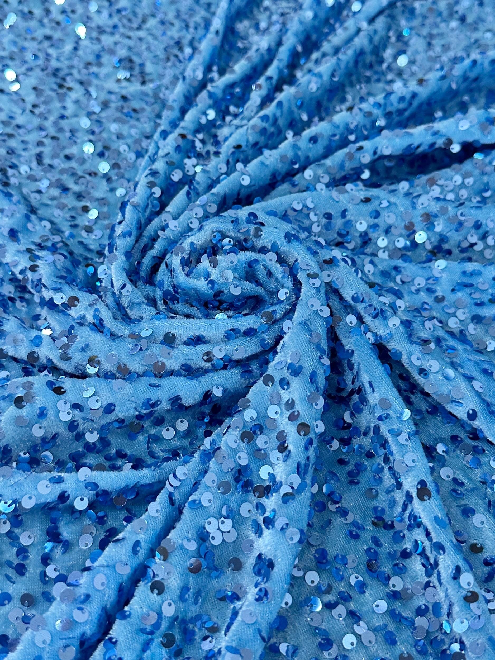 baby blue sequin on Velvet, velvet cloth, blue velvet, sequin stretch velvet, velvet for gown, stretch velvet, velvet fabric with sequin, solid velvet, light blue sequin fabric, sequin fabric for gown, 4 way stretch velvet