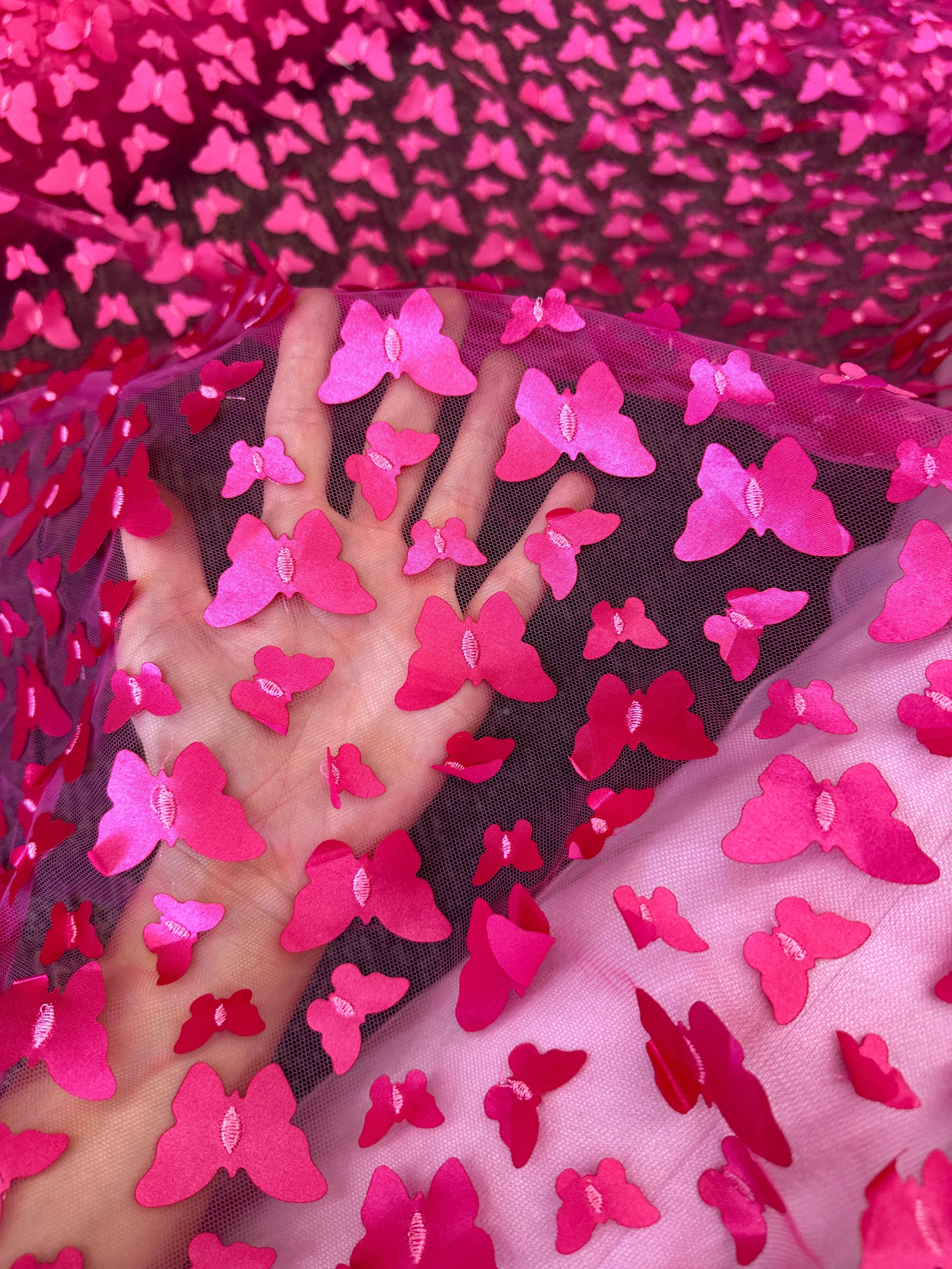 hot pink 3D Butterfly Lace, pink Butterfly Tulle By The Yard, lightpink Tulle Lace Fabric, Dress Fabric, Bridal Lace Fabric, premium lace fabric, lace fabric on discount, lace fabric in low price, buy lace fabric online, lace fabric on sale