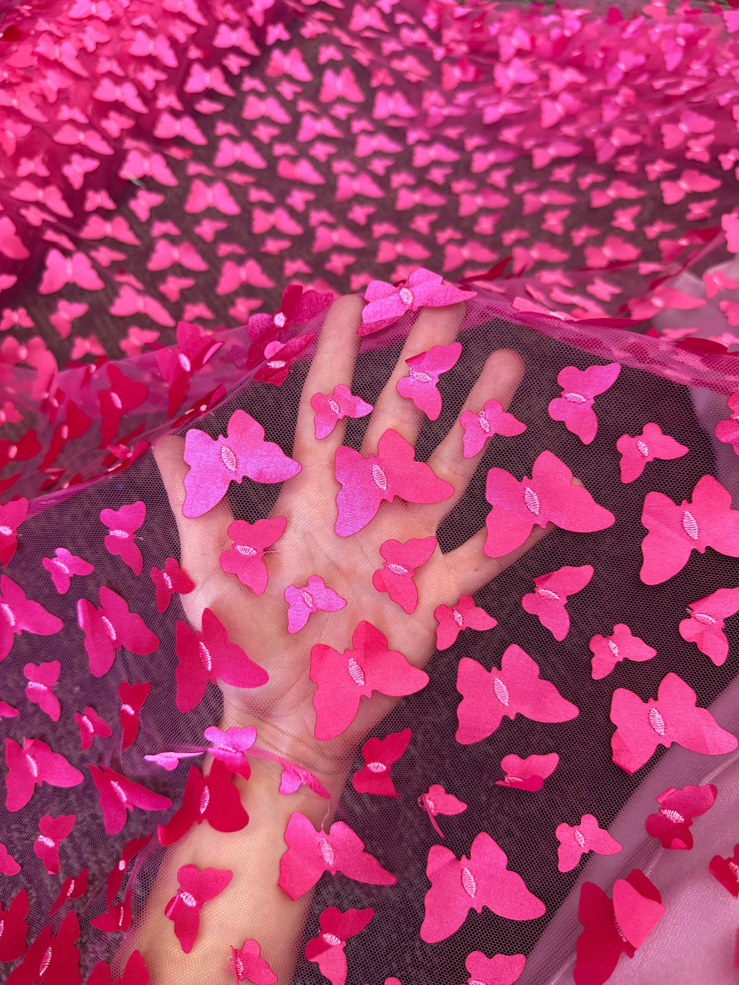 hot pink 3D Butterfly Lace, pink Butterfly Tulle By The Yard, lightpink Tulle Lace Fabric, Dress Fabric, Bridal Lace Fabric, premium lace fabric, lace fabric on discount, lace fabric in low price, buy lace fabric online, lace fabric on sale
