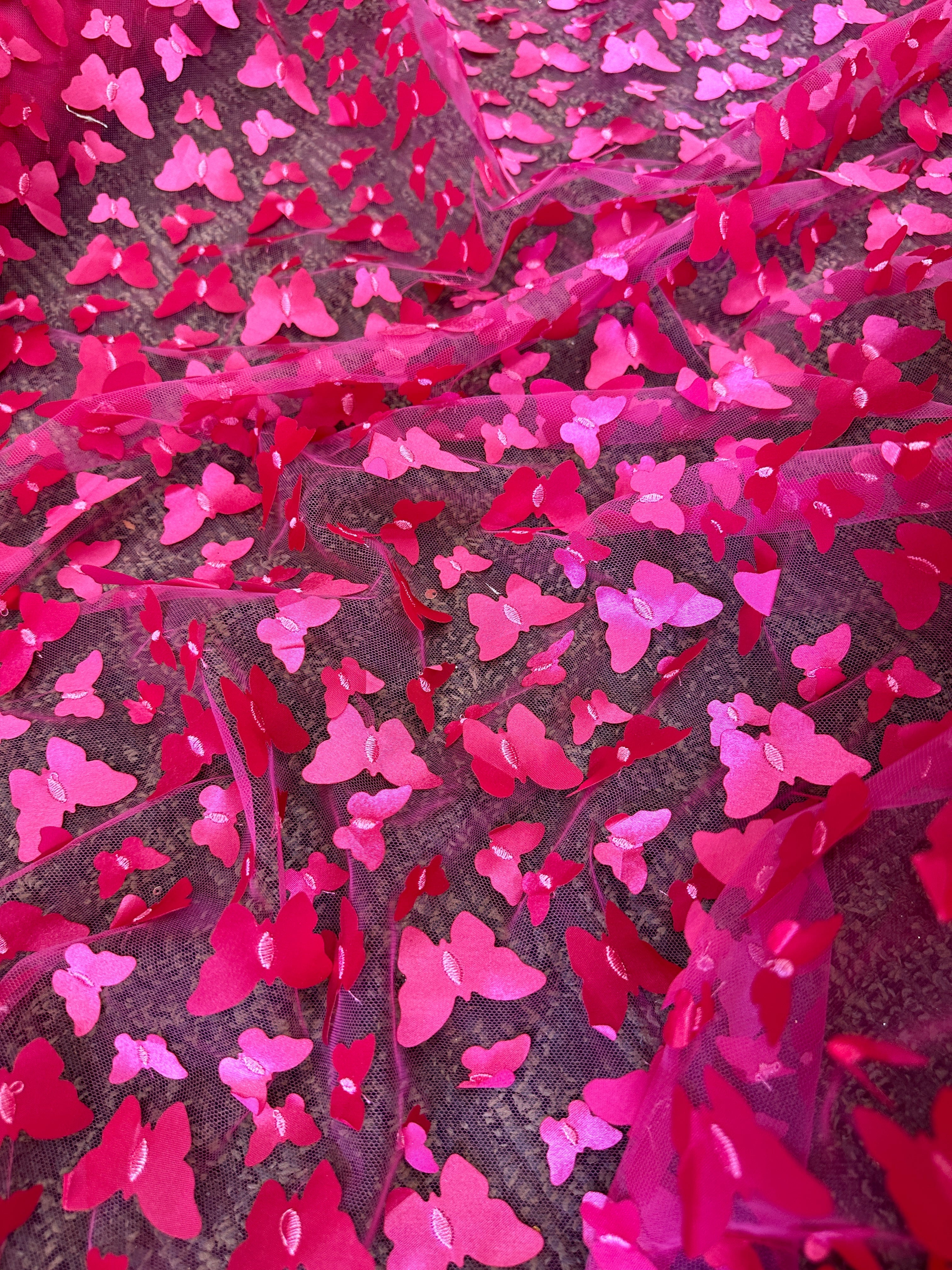 hot pink 3D Butterfly Lace, pink Butterfly Tulle By The Yard, lightpink Tulle Lace Fabric, Dress Fabric, Bridal Lace Fabric, premium lace fabric, lace fabric on discount, lace fabric in low price, buy lace fabric online, lace fabric on sale