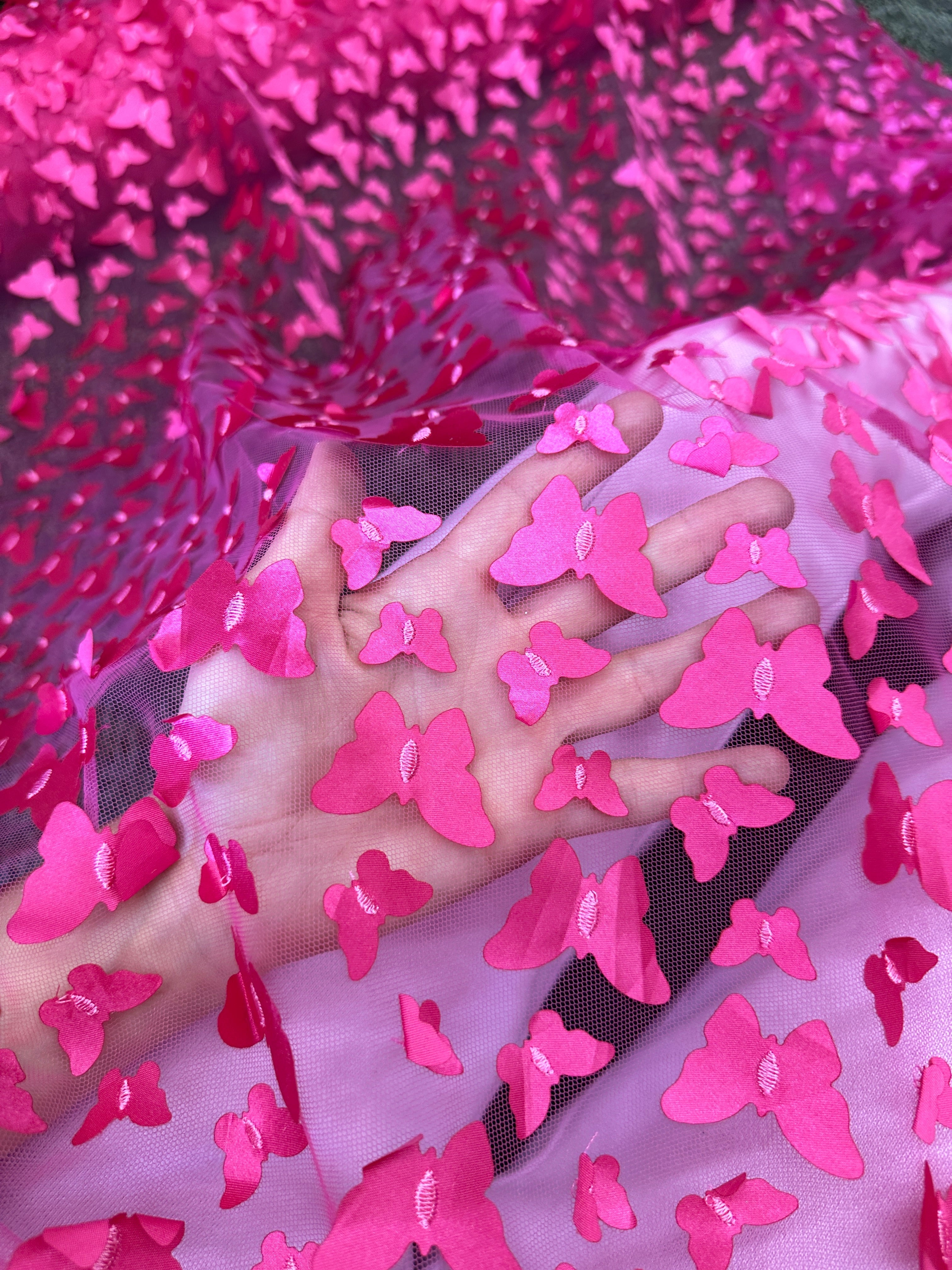 hot pink 3D Butterfly Lace, pink Butterfly Tulle By The Yard, lightpink Tulle Lace Fabric, Dress Fabric, Bridal Lace Fabric, premium lace fabric, lace fabric on discount, lace fabric in low price, buy lace fabric online, lace fabric on sale