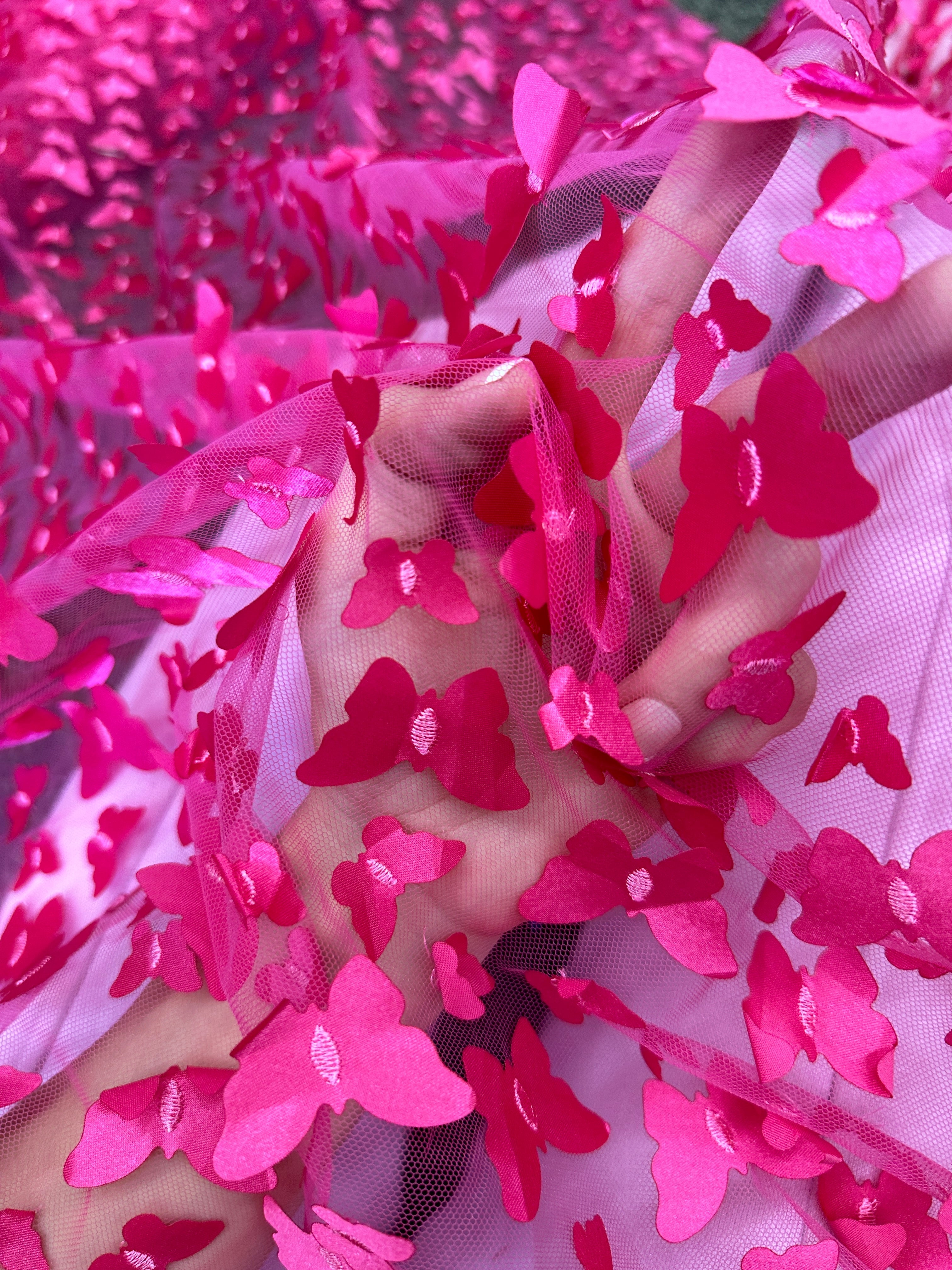 hot pink 3D Butterfly Lace, pink Butterfly Tulle By The Yard, lightpink Tulle Lace Fabric, Dress Fabric, Bridal Lace Fabric, premium lace fabric, lace fabric on discount, lace fabric in low price, buy lace fabric online, lace fabric on sale