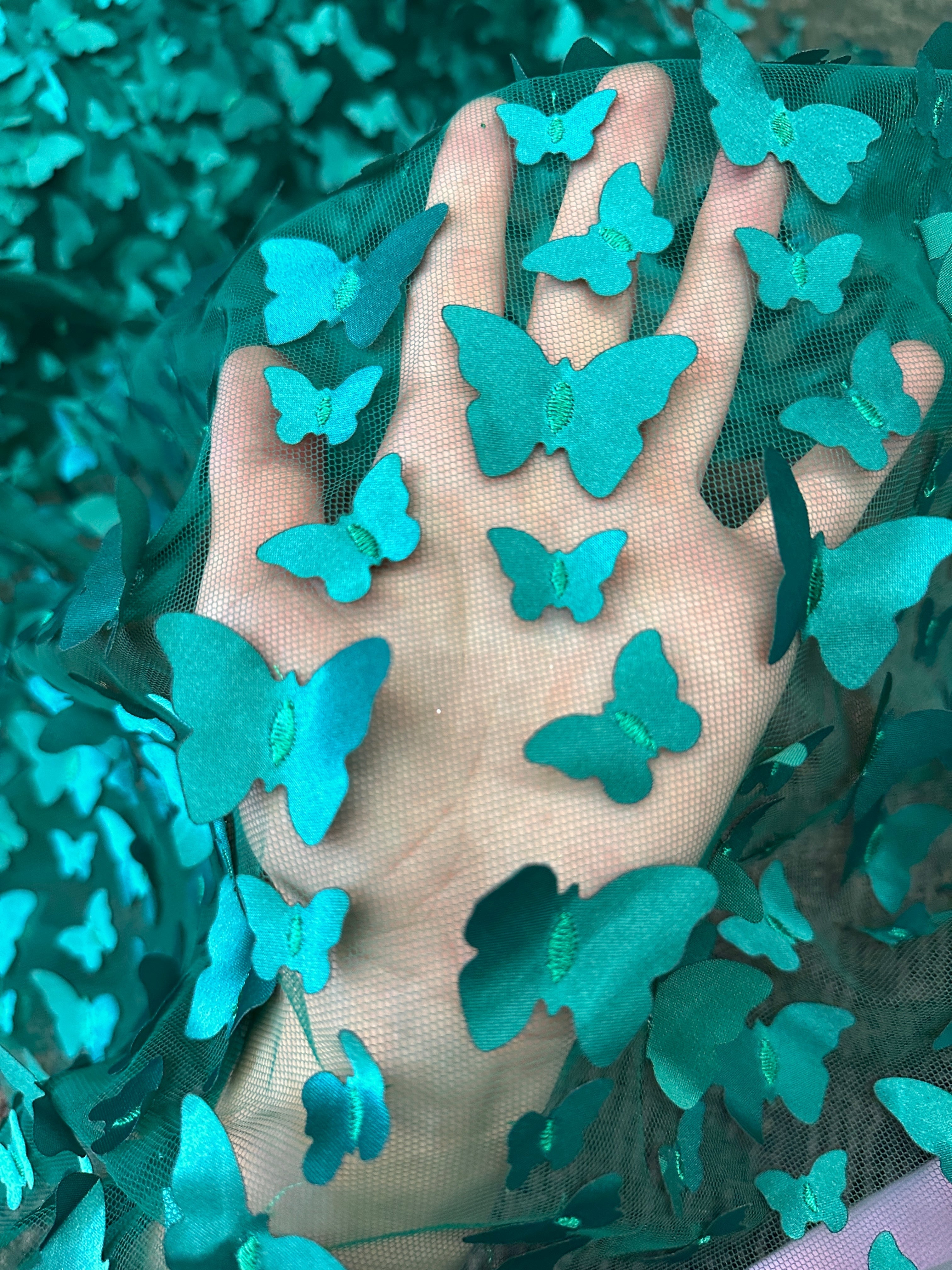 teal blue 3D Butterfly Lace, blue Butterfly Tulle By The Yard, light blue Tulle Lace Fabric, Dress Fabric, Bridal Lace Fabric, premium lace fabric, lace fabric on discount, lace fabric in low price, buy lace fabric online, lace fabric on sale