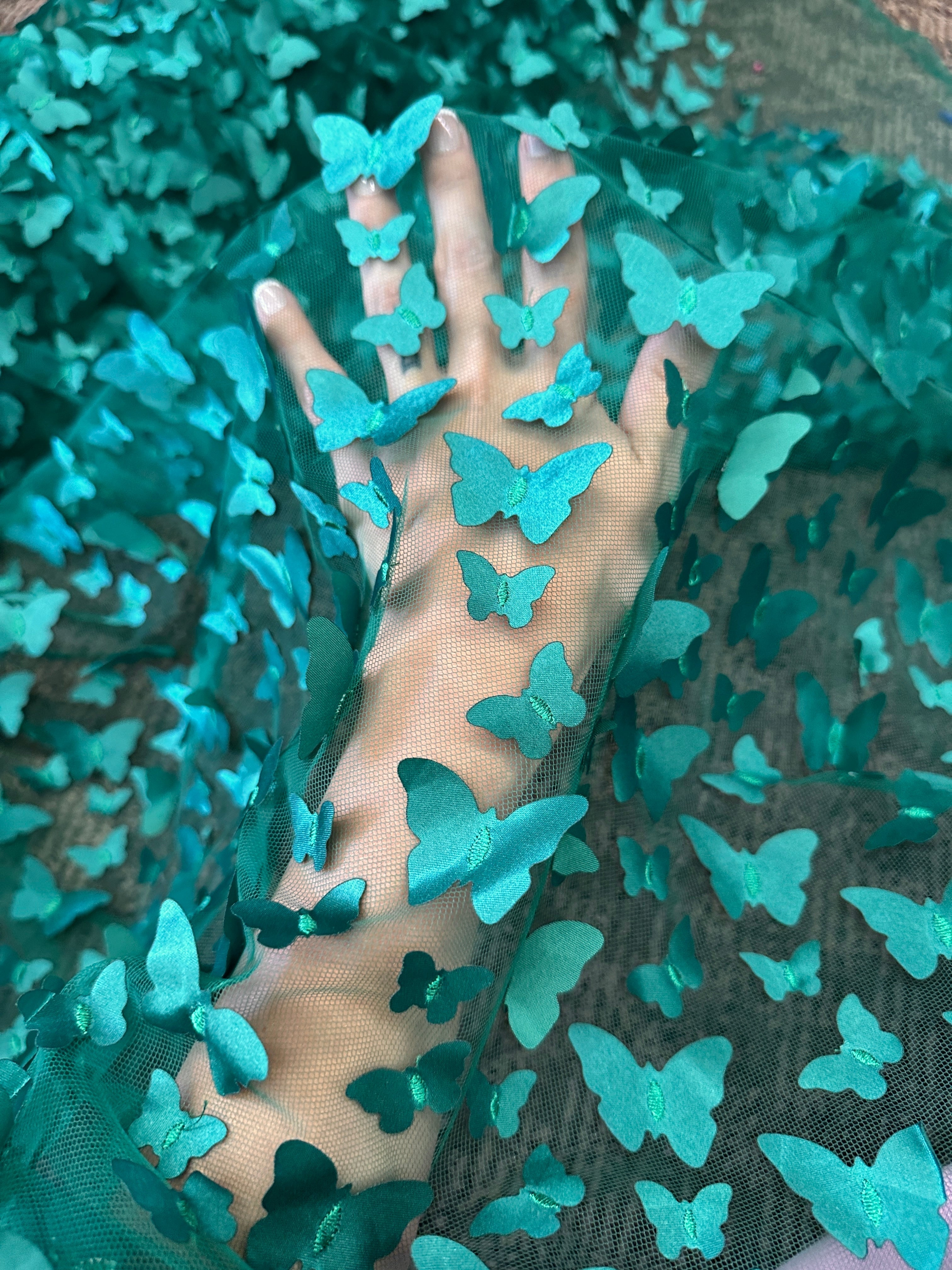 teal blue 3D Butterfly Lace, blue Butterfly Tulle By The Yard, light blue Tulle Lace Fabric, Dress Fabric, Bridal Lace Fabric, premium lace fabric, lace fabric on discount, lace fabric in low price, buy lace fabric online, lace fabric on sale