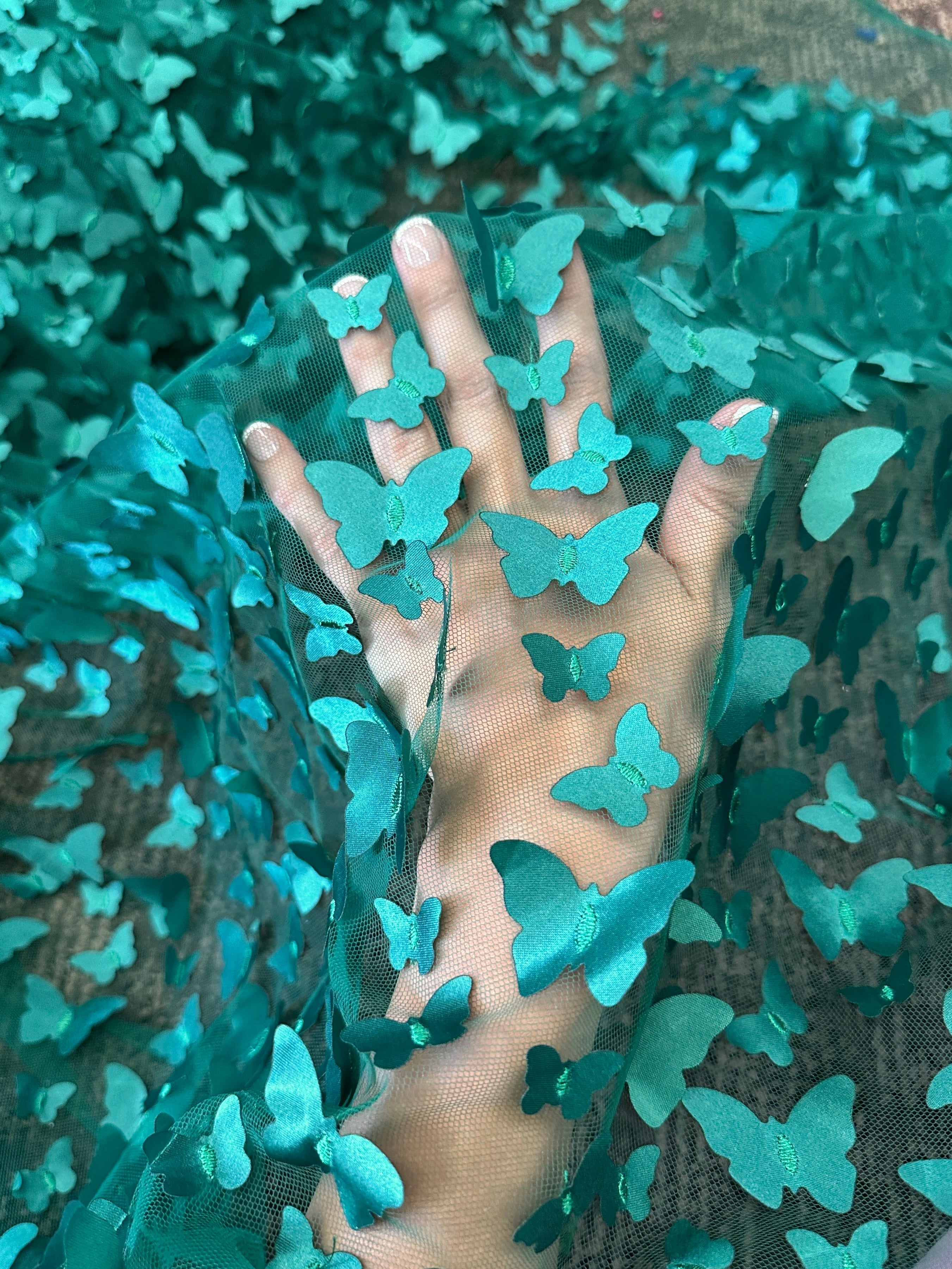 teal blue 3D Butterfly Lace, blue Butterfly Tulle By The Yard, light blue Tulle Lace Fabric, Dress Fabric, Bridal Lace Fabric, premium lace fabric, lace fabric on discount, lace fabric in low price, buy lace fabric online, lace fabric on sale