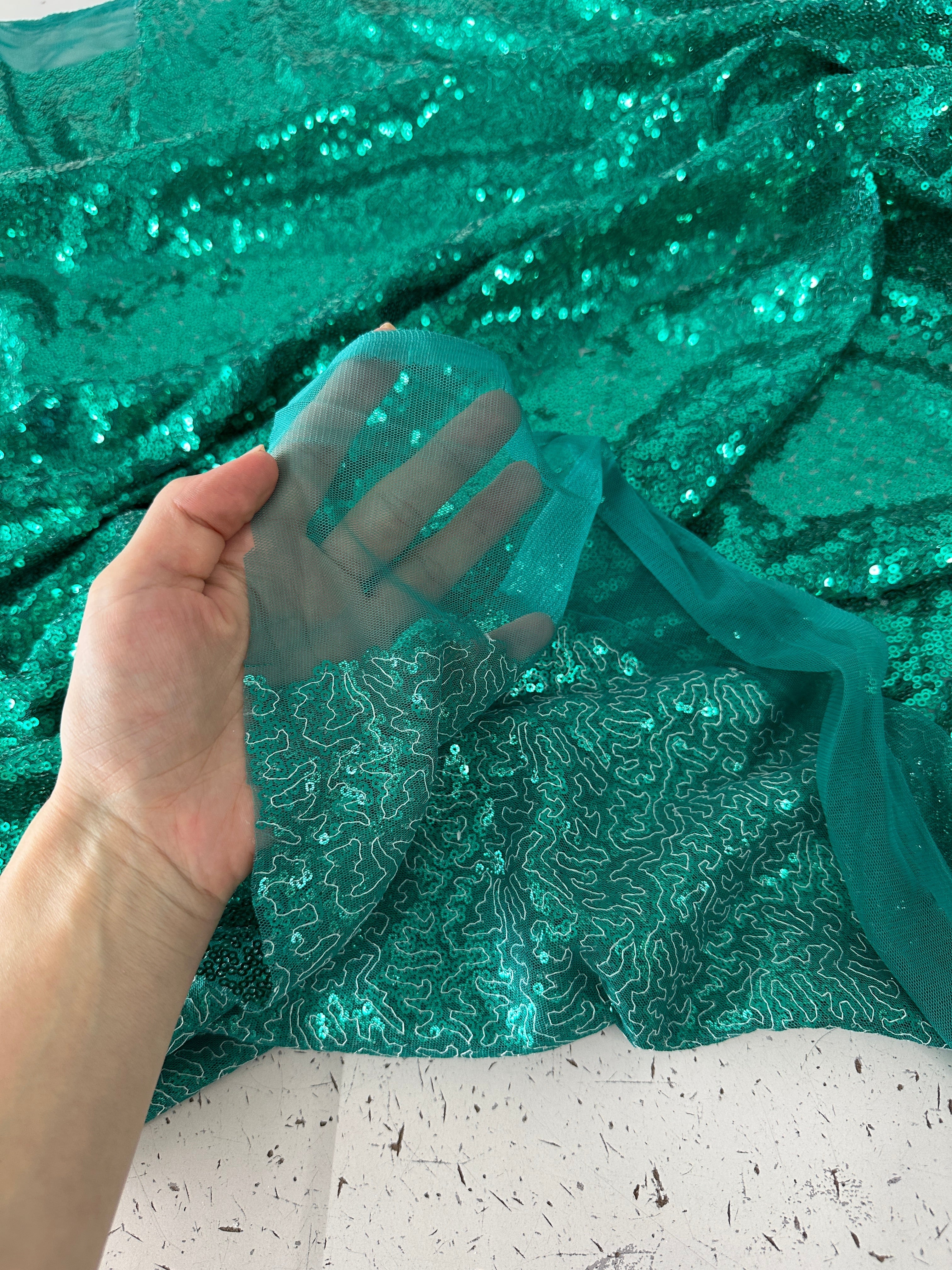 Teal Green Sequins on Mesh, light green sequins on mesh, green sequin on mesh, dark green sequin on mesh for woman, sequin on mesh for bride, sequin on mesh on discount, sequin on mesh on sale, premium sequin on mesh, kiki textile sequin on mesh, sequin on mesh for party wear