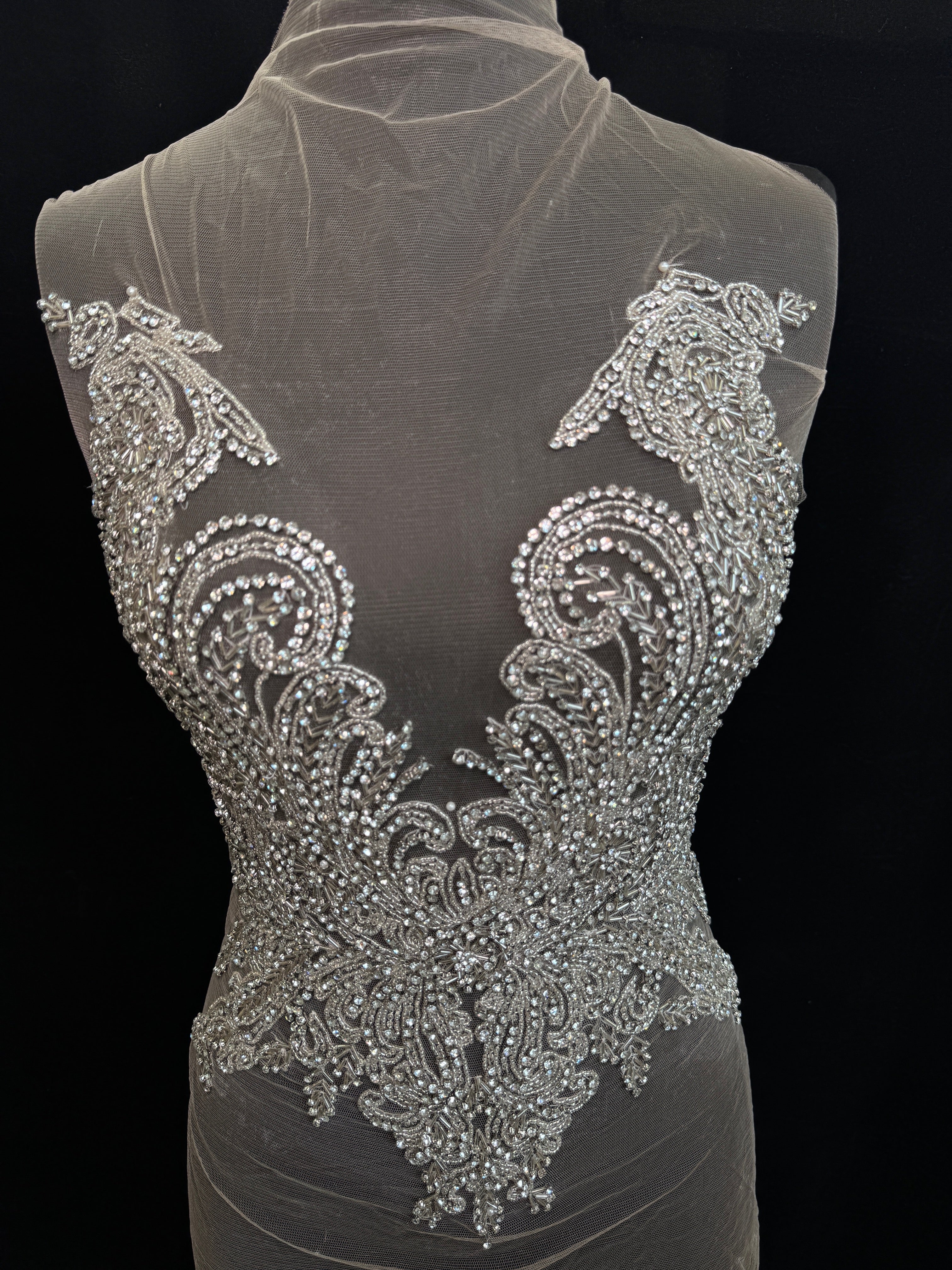 jasmine silver Rhinestone Bodice Applique, silver rhinestone, dark silver rhinestone, light silver rhinestone