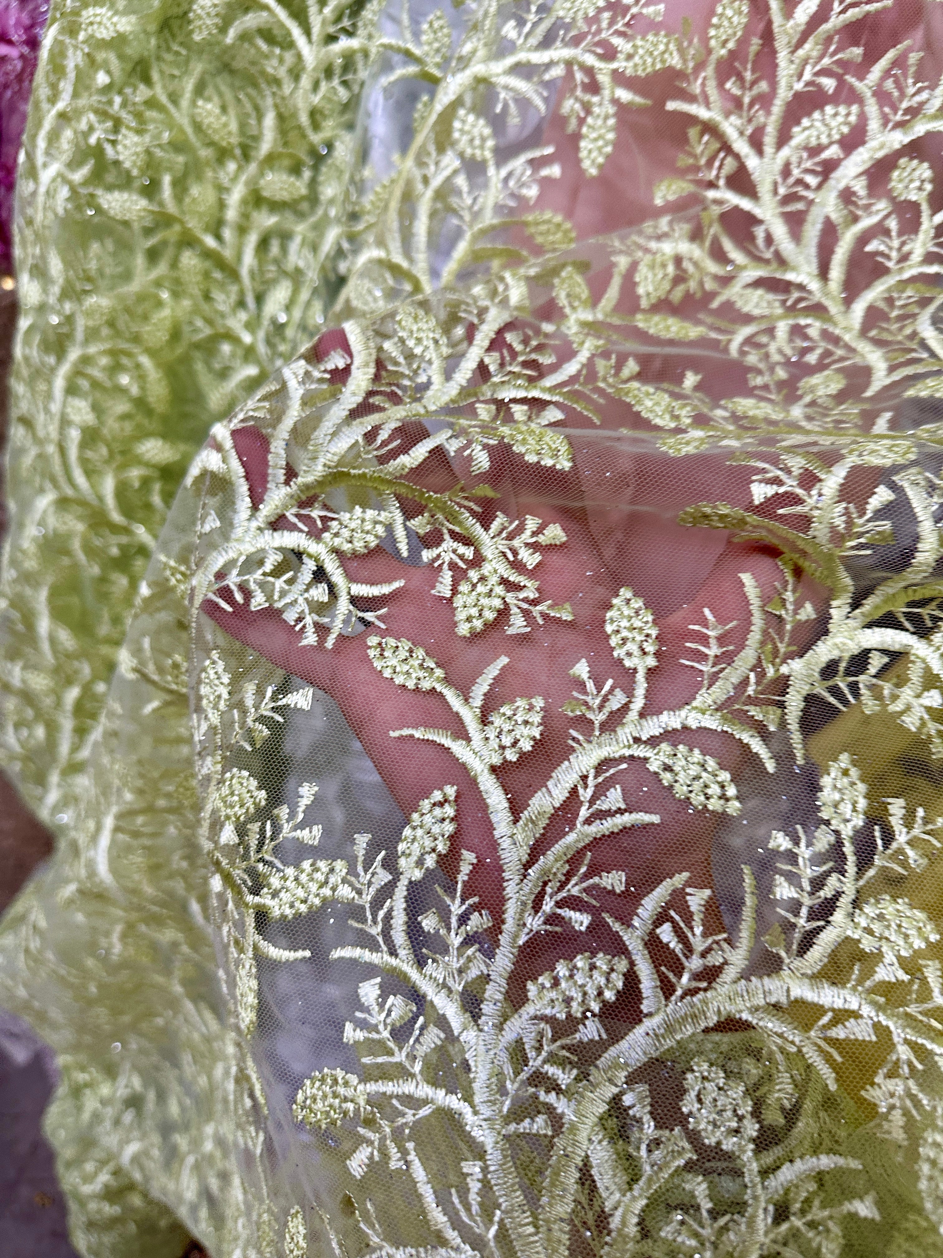 pistachio embroidered lace, green Lace, dark green lace, lace for woman, lace for bride, lace on discount, lace on sale, premium lace, kiki textile lace, lace for party wear dresses