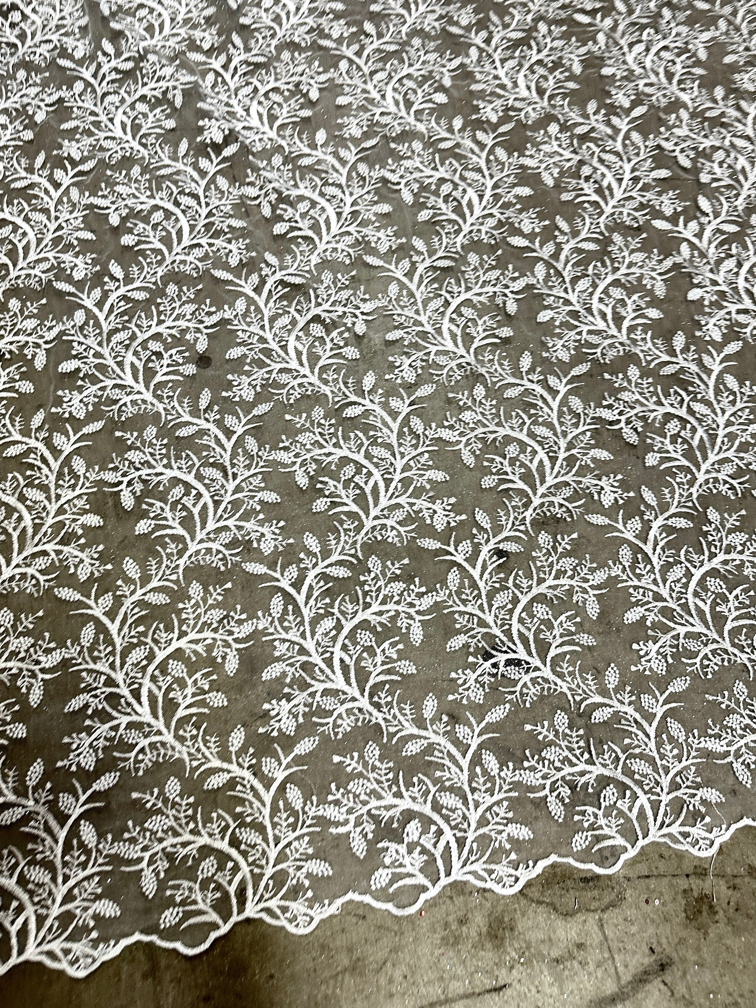 white branch design embroidered lace, off white Lace, milky white lace, lace for woman, lace for bride, lace on discount, lace on sale, premium lace, kiki textile lace, lace for party wear dresses