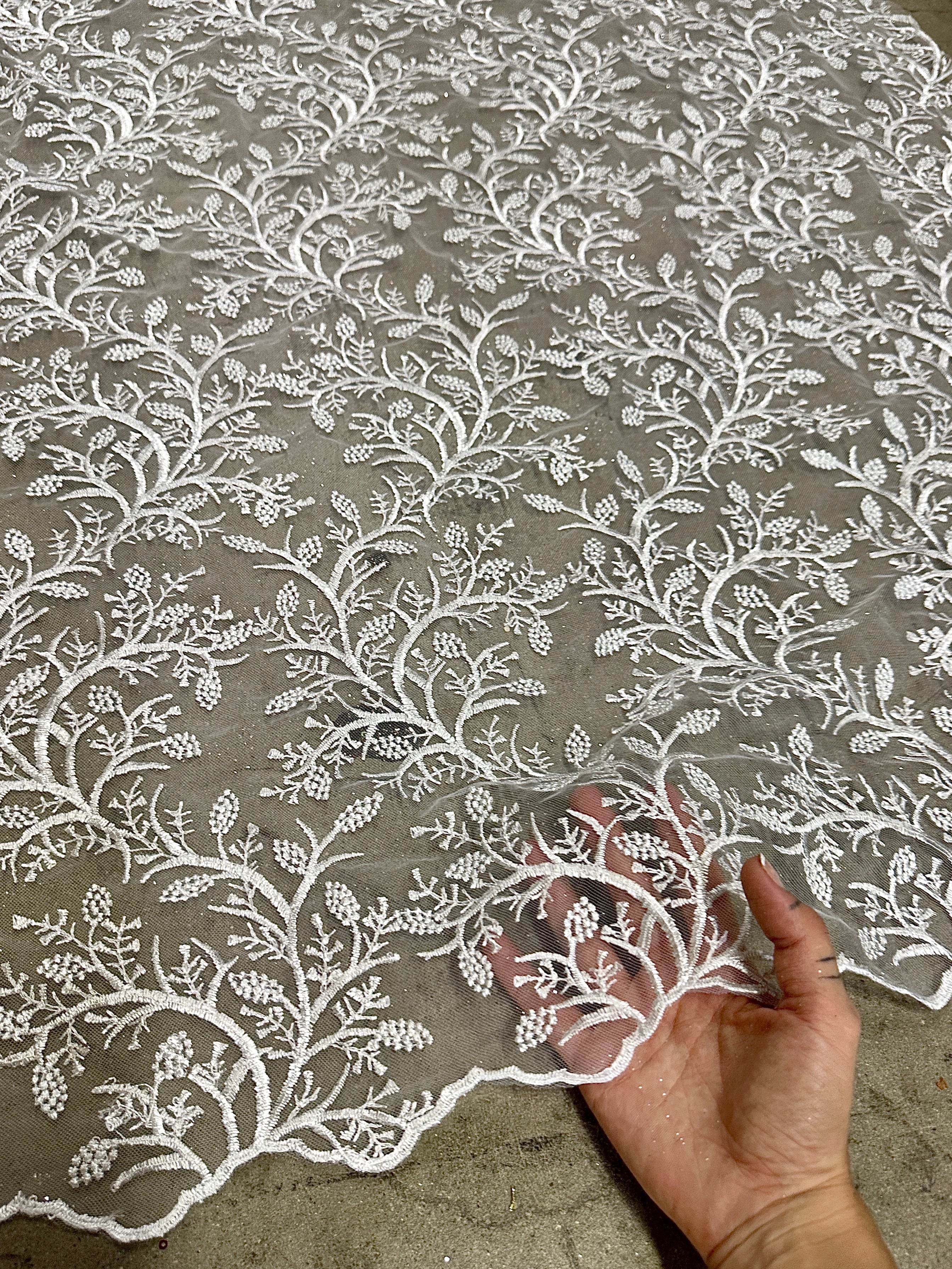 white branch design embroidered lace, off white Lace, milky white lace, lace for woman, lace for bride, lace on discount, lace on sale, premium lace, kiki textile lace, lace for party wear dresses