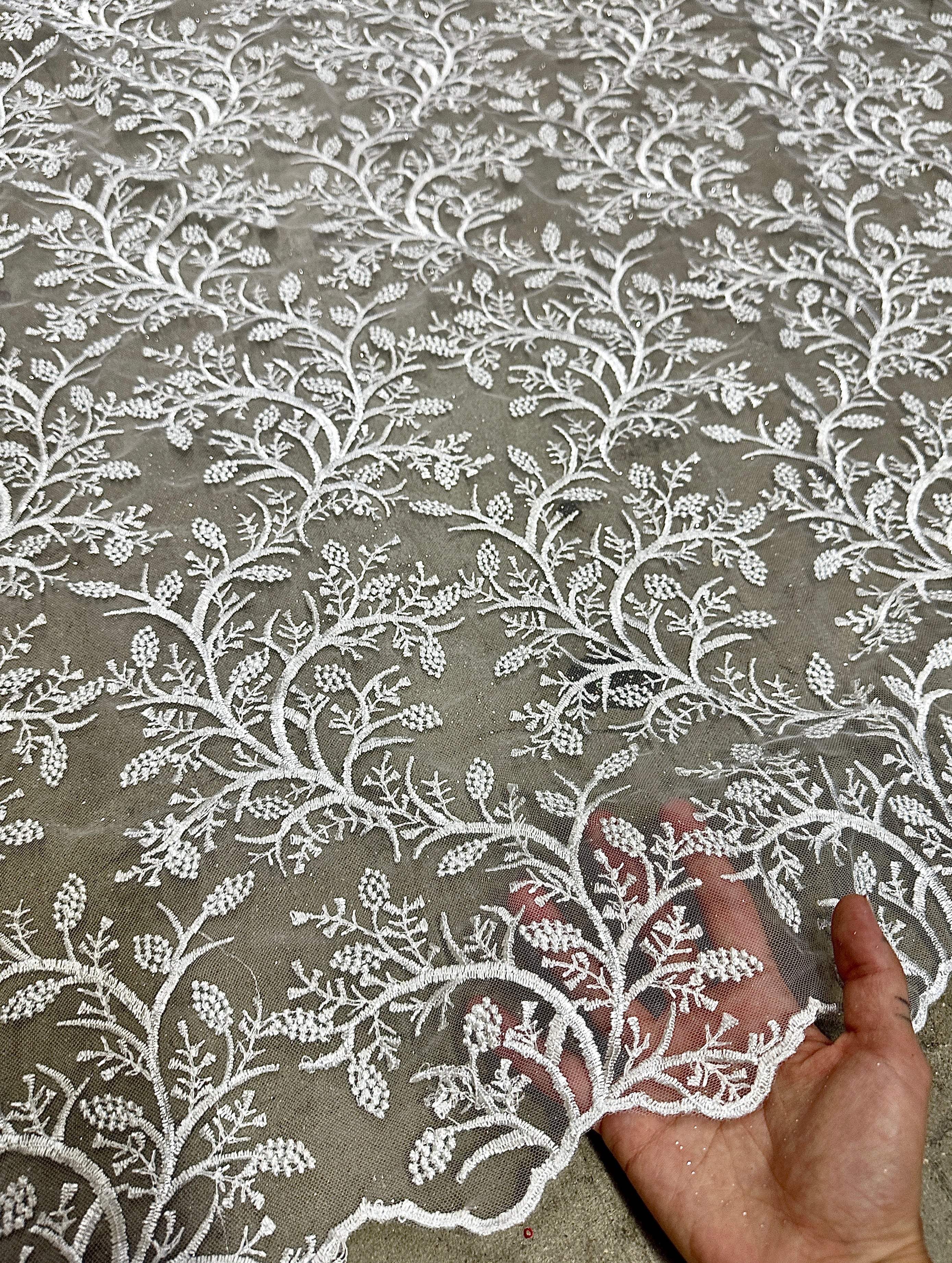 white branch design embroidered lace, off white Lace, milky white lace, lace for woman, lace for bride, lace on discount, lace on sale, premium lace, kiki textile lace, lace for party wear dresses