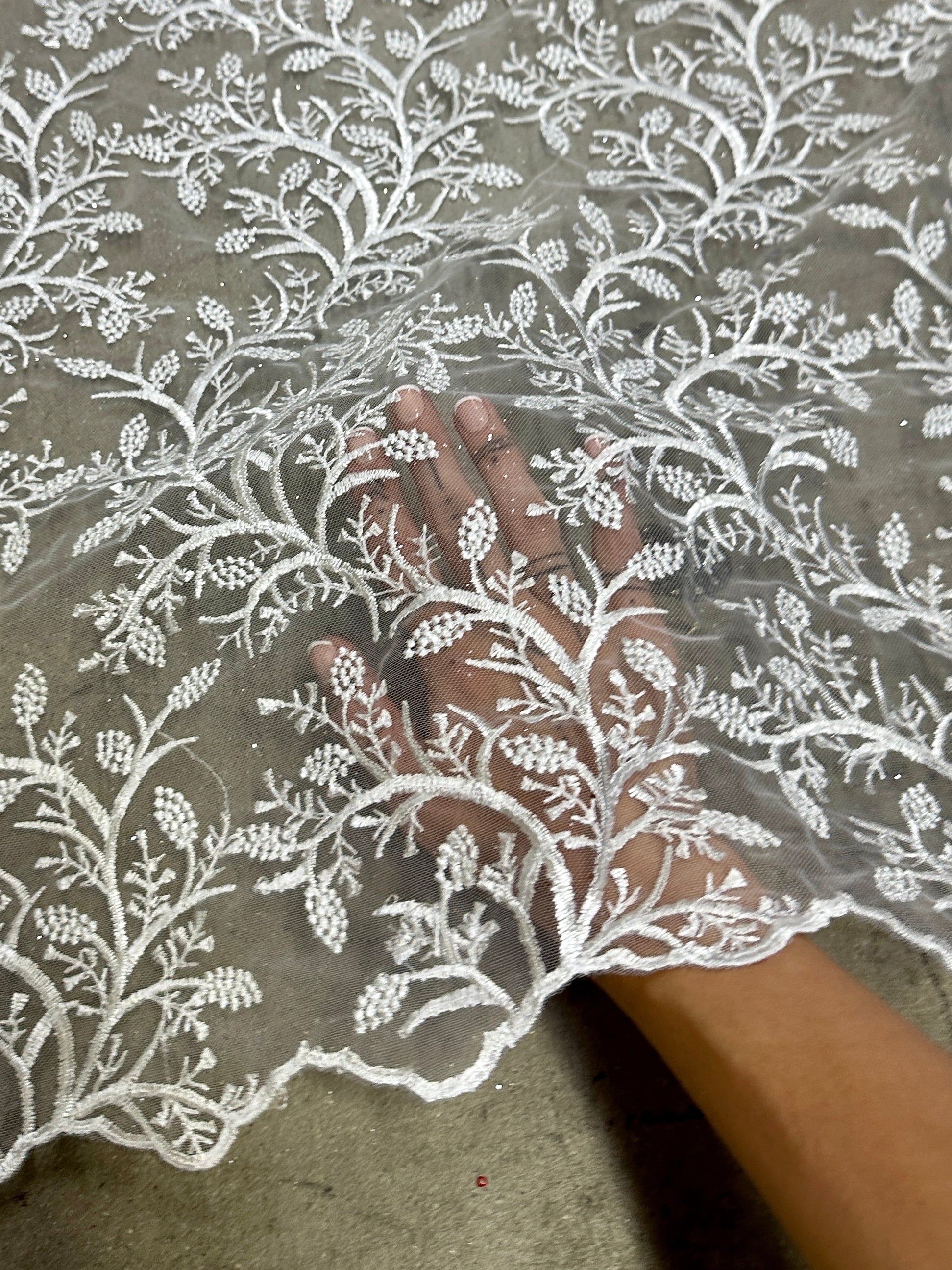 white branch design embroidered lace, off white Lace, milky white lace, lace for woman, lace for bride, lace on discount, lace on sale, premium lace, kiki textile lace, lace for party wear dresses