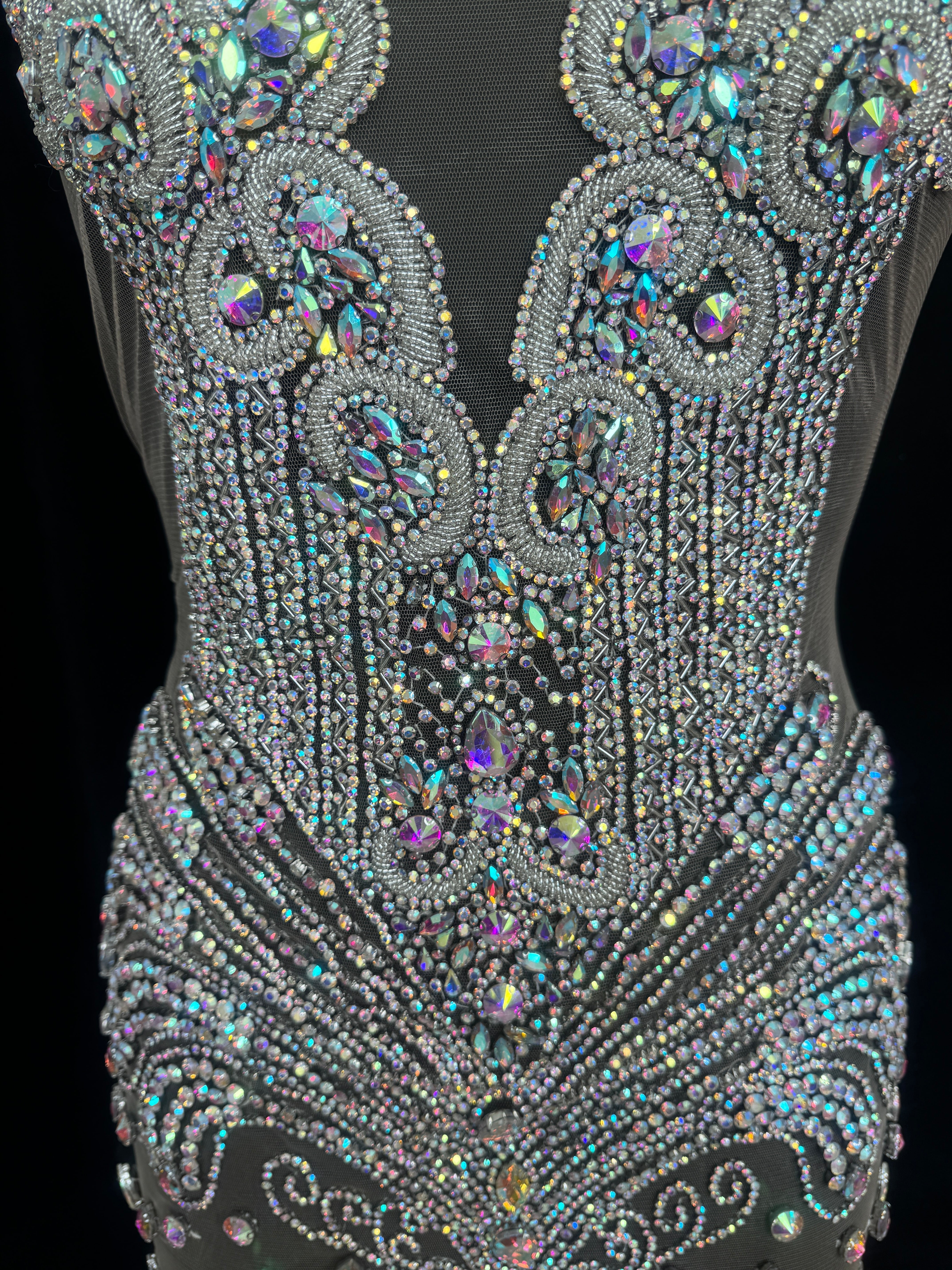 Tina Silver Iridescent Rhinestone Bodice Applique, Silver Rhinestones Applique, Embellished clothing, Rhinestone applications, Rhinestone embroidery, Rhinestone patch, Dress patch, Rhinestones for dress