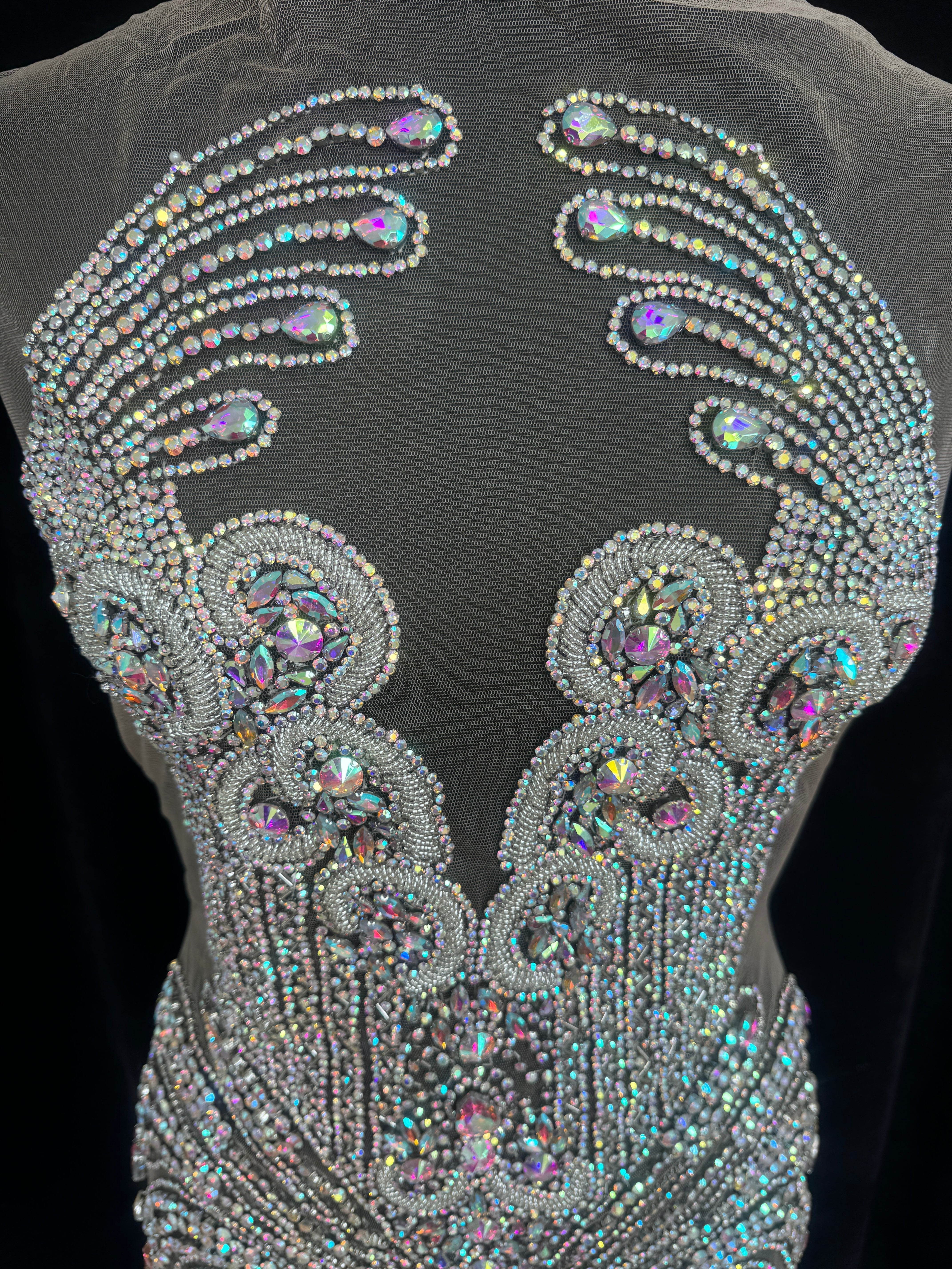 Tina Silver Iridescent Rhinestone Bodice Applique, Silver Rhinestones Applique, Embellished clothing, Rhinestone applications, Rhinestone embroidery, Rhinestone patch, Dress patch, Rhinestones for dress