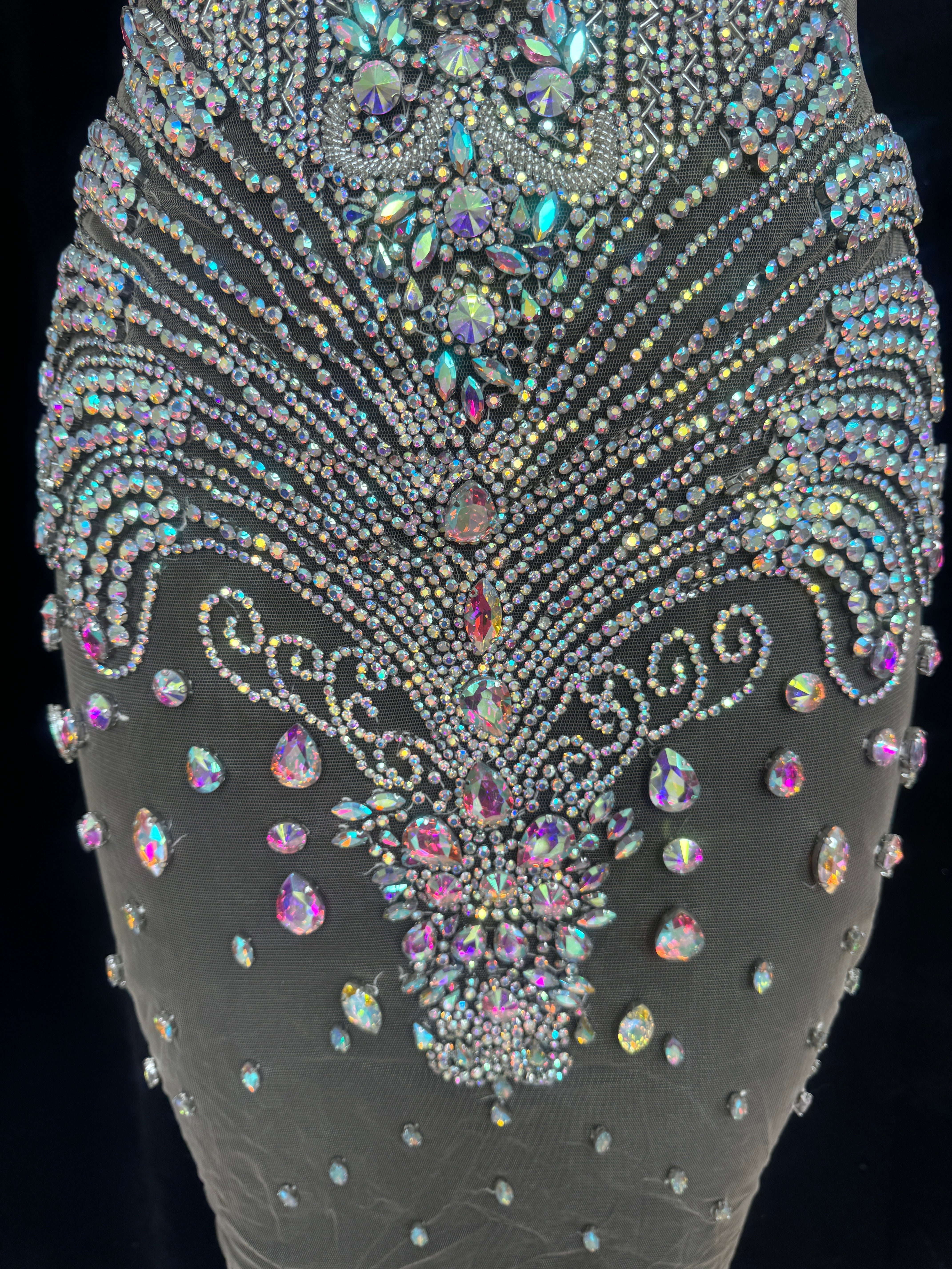 Tina Silver Iridescent Rhinestone Bodice Applique, shop fabrics online, sewing, fabric store, sewing store, cheap fabric store, kiki textiles, textile by the yard