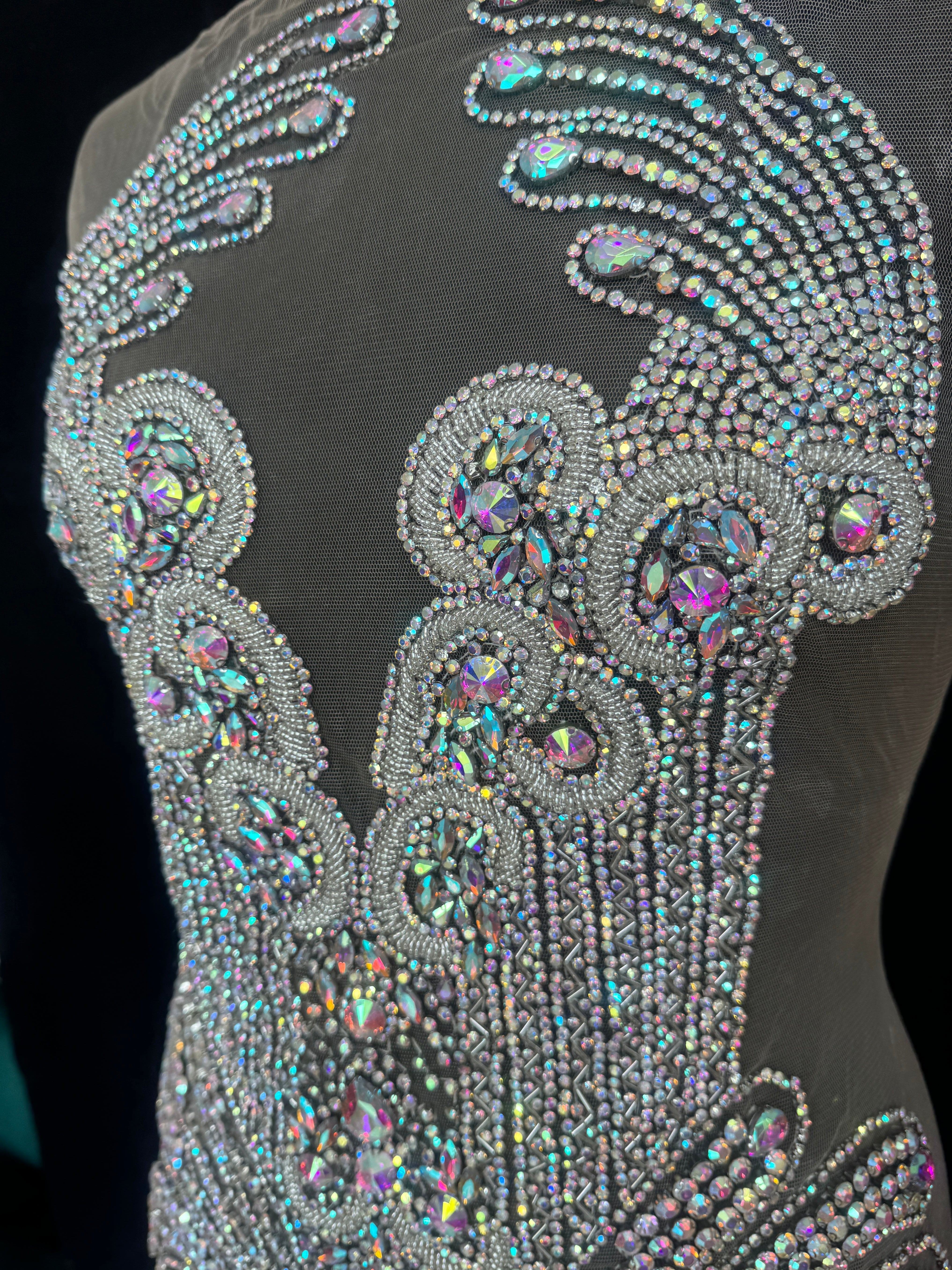 Tina Silver Iridescent Rhinestone Bodice Applique, shop fabrics online, sewing, fabric store, sewing store, cheap fabric store, kiki textiles, textile by the yard