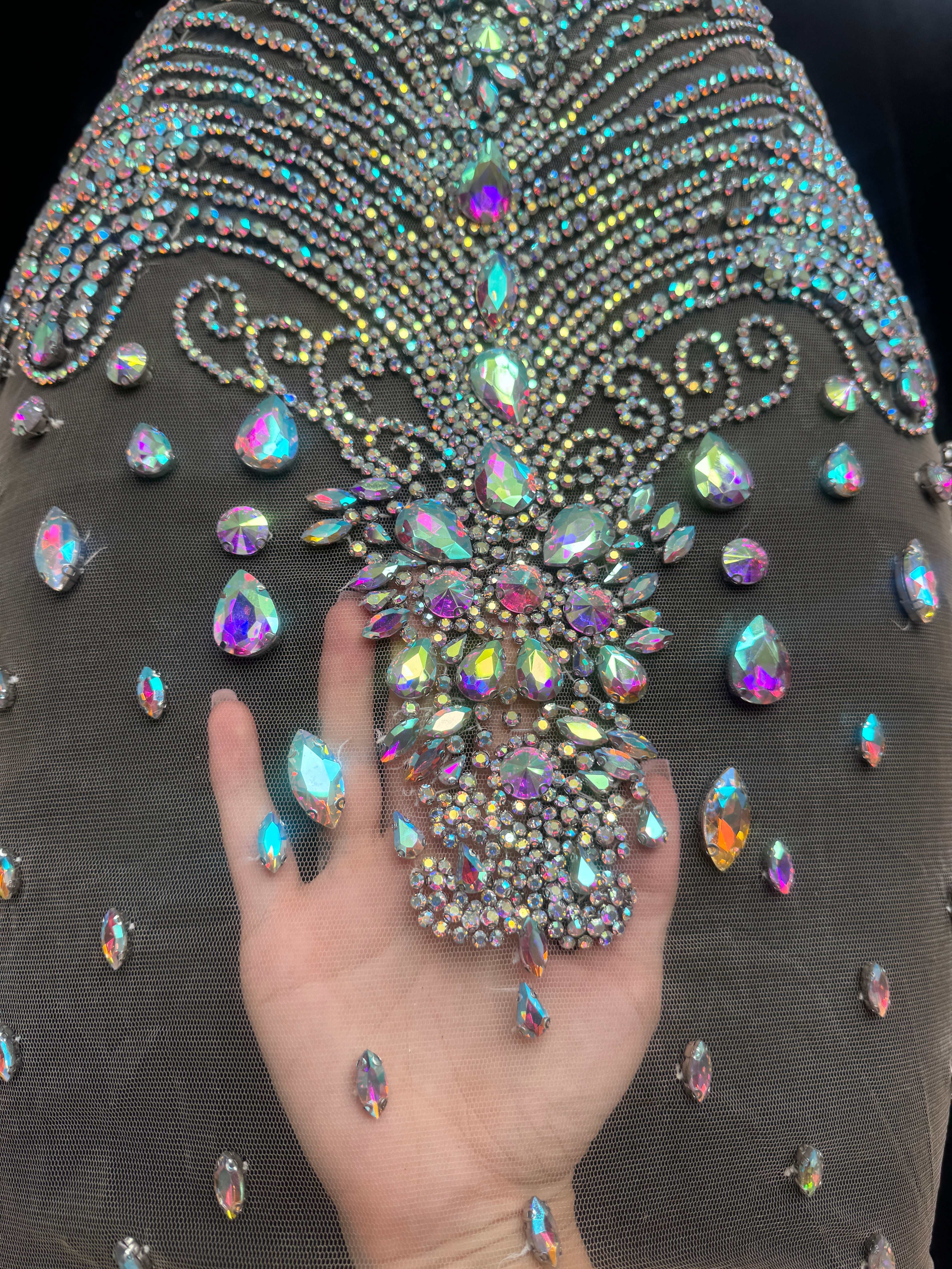 Tina Silver Iridescent Rhinestone Bodice Applique, shop fabrics online, sewing, fabric store, sewing store, cheap fabric store, kiki textiles, textile by the yard