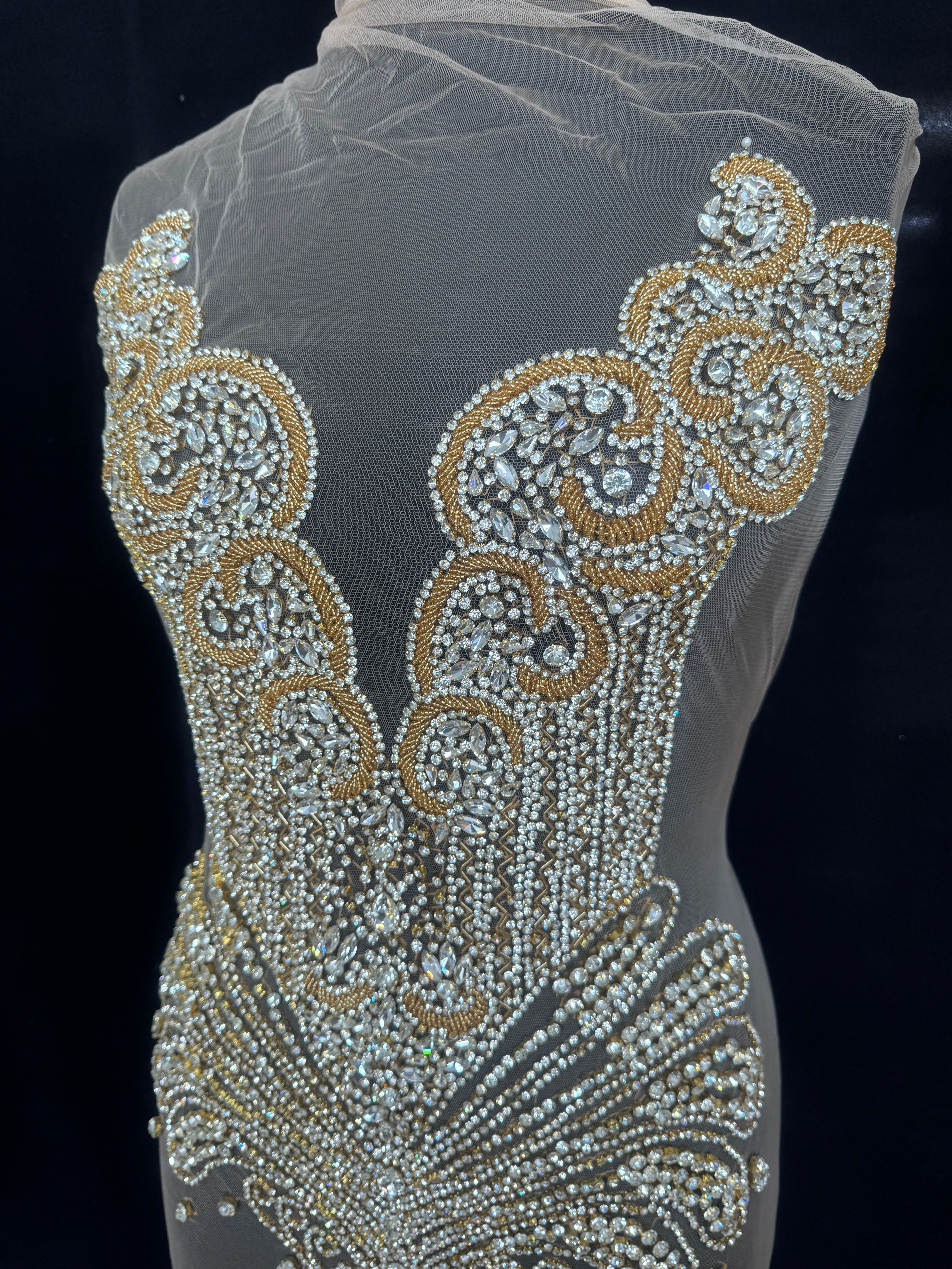 Carla Gold Silver Rhinestone Bodice Applique, Gold Silver Rhinestones Applique, Embellished clothing, Rhinestone applications, Rhinestone embroidery, Rhinestone patch, Dress patch, Rhinestones for dress