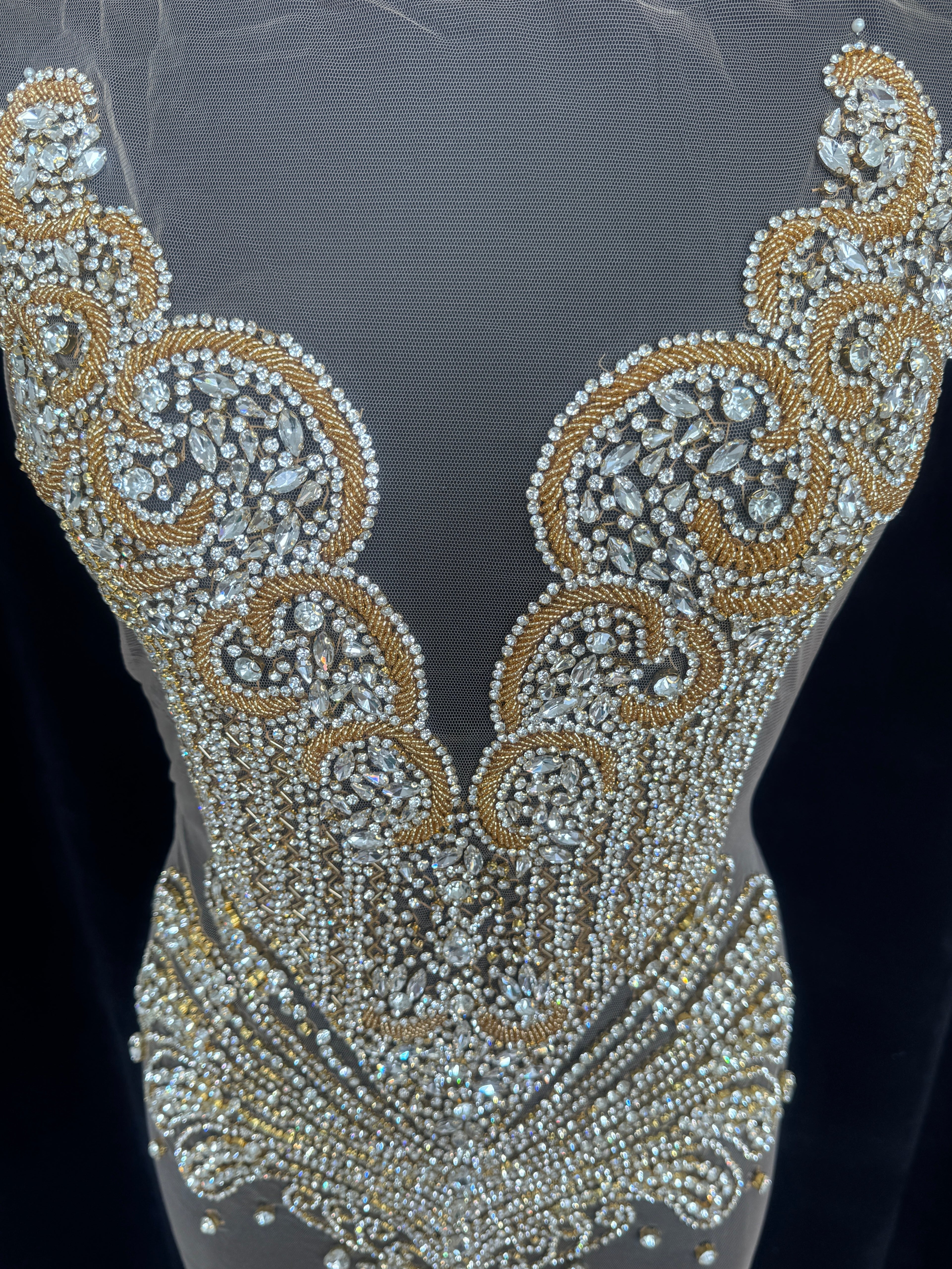 Carla Gold Silver Rhinestone Bodice Applique, Gold Silver Rhinestones Applique, Embellished clothing, Rhinestone applications, Rhinestone embroidery, Rhinestone patch, Dress patch, Rhinestones for dress