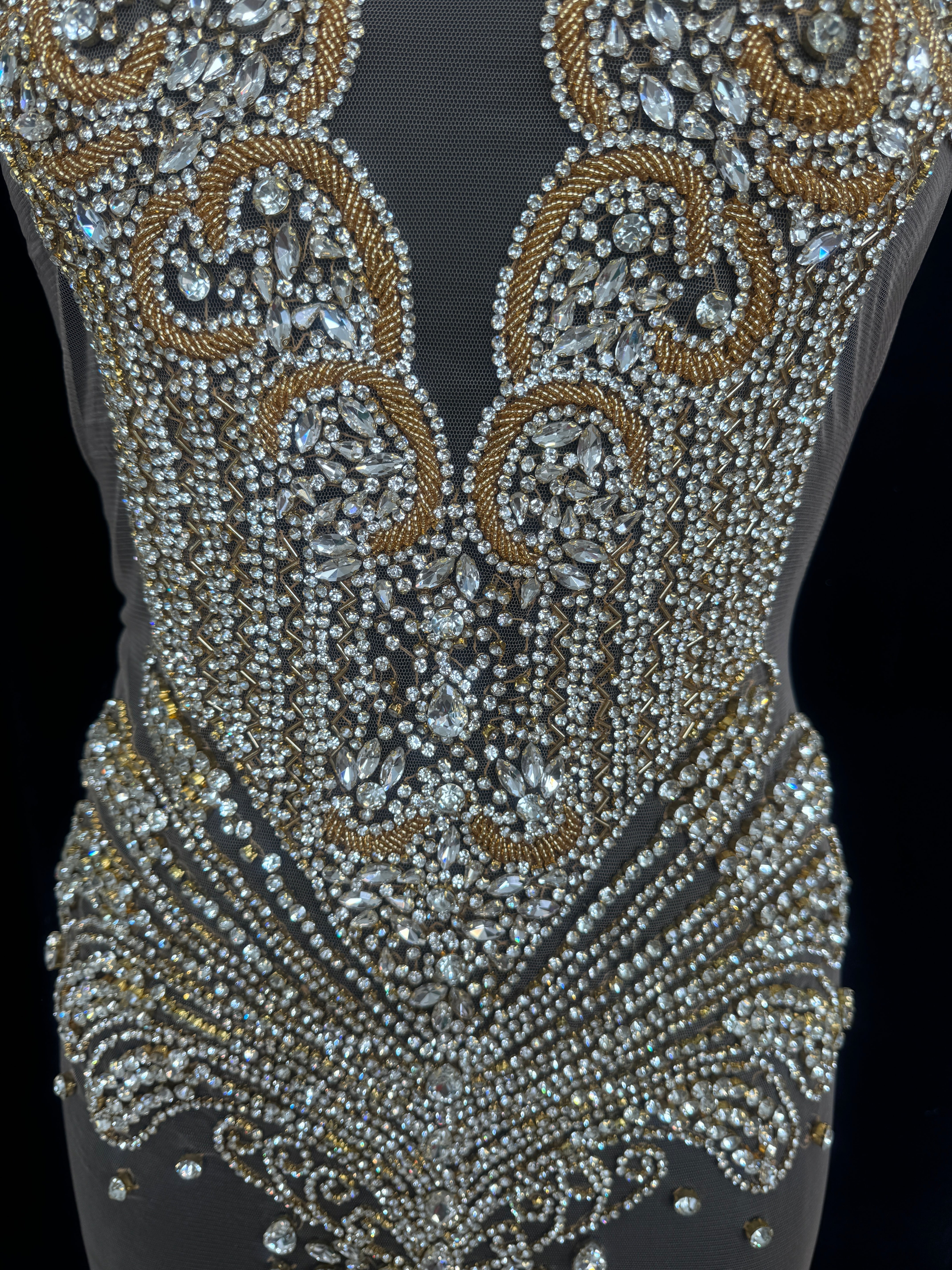 Carla Gold Silver Rhinestone Bodice Applique, shop fabrics online, sewing, fabric store, sewing store, cheap fabric store, kiki textiles, textile by the yard