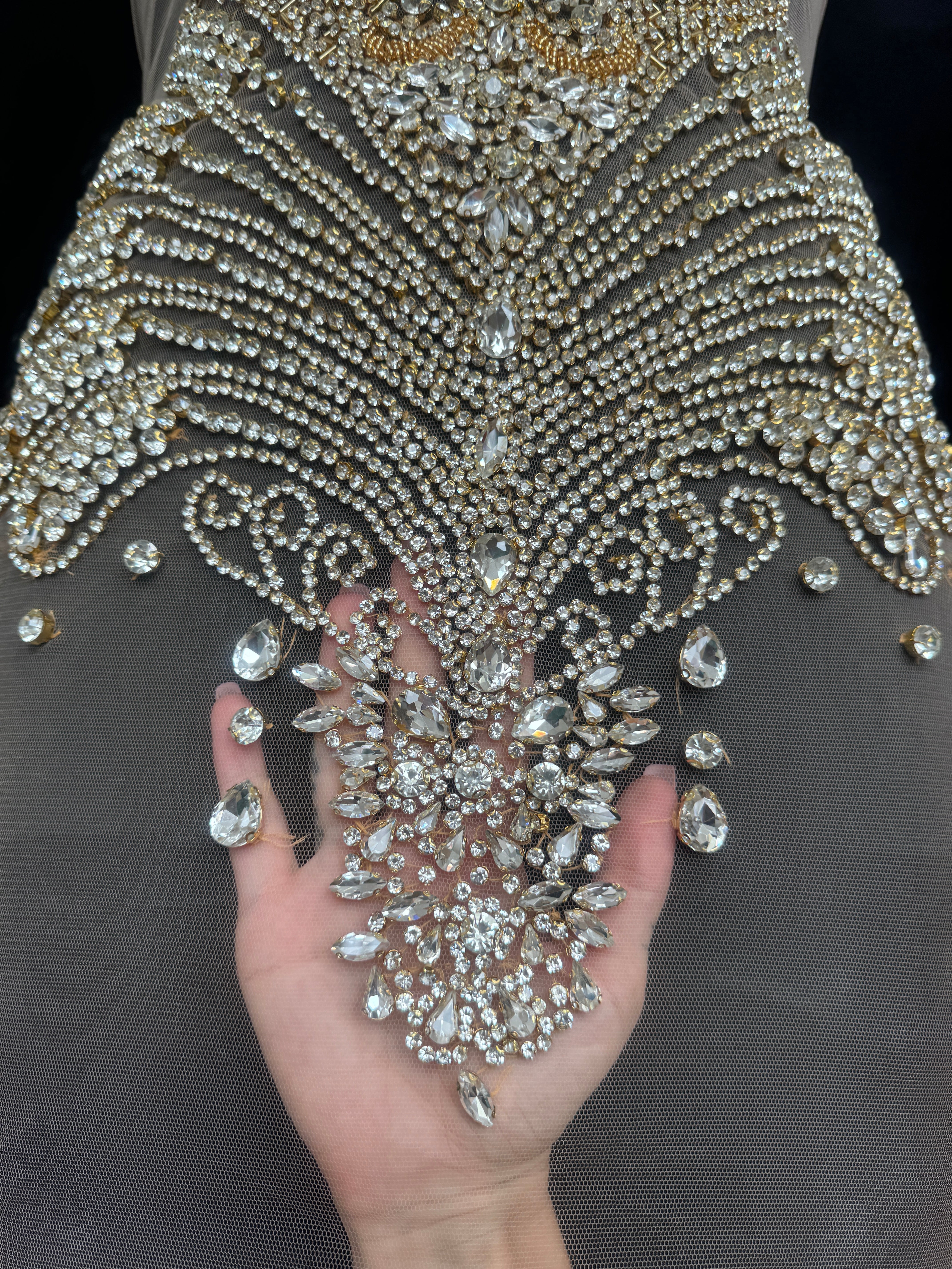 Carla Gold Silver Rhinestone Bodice Applique, shop fabrics online, sewing, fabric store, sewing store, cheap fabric store, kiki textiles, textile by the yard