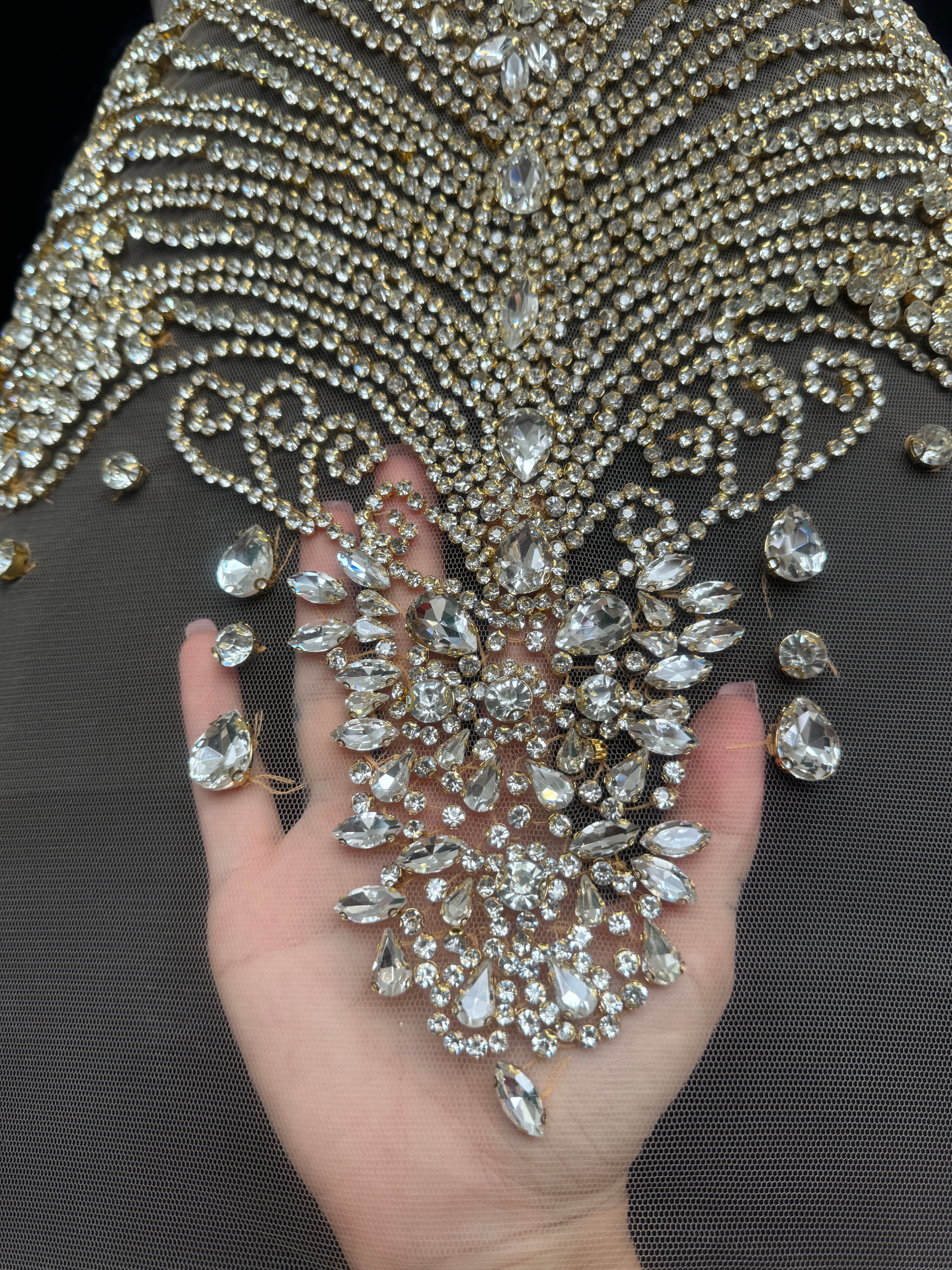 Carla Gold Silver Rhinestone Bodice Applique, Gold Silver Rhinestones Applique, Embellished clothing, Rhinestone applications, Rhinestone embroidery, Rhinestone patch, Dress patch, Rhinestones for dress